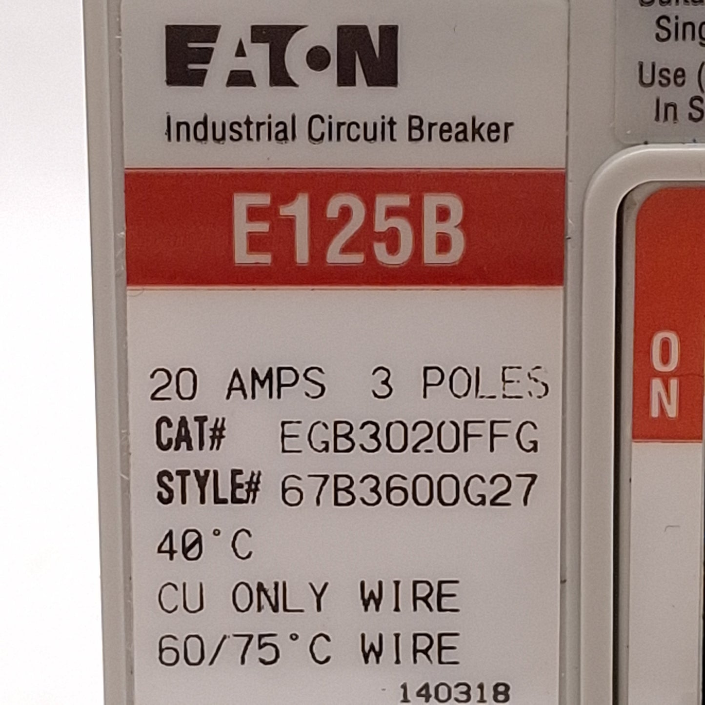 Used Eaton EGB3020FFG E125B Molded Case Circuit Breaker, 3-Pole, 20A, 480VAC/250VDC