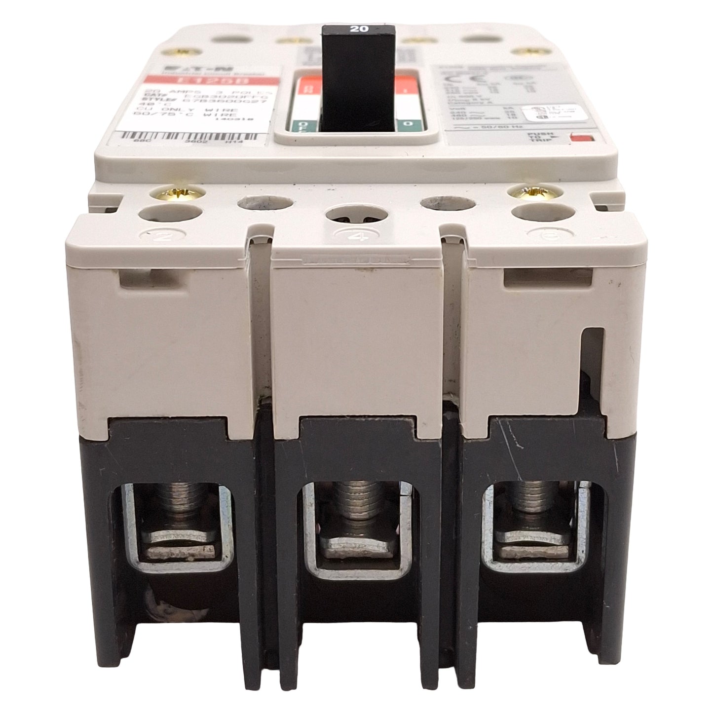 Used Eaton EGB3020FFG E125B Molded Case Circuit Breaker, 3-Pole, 20A, 480VAC/250VDC