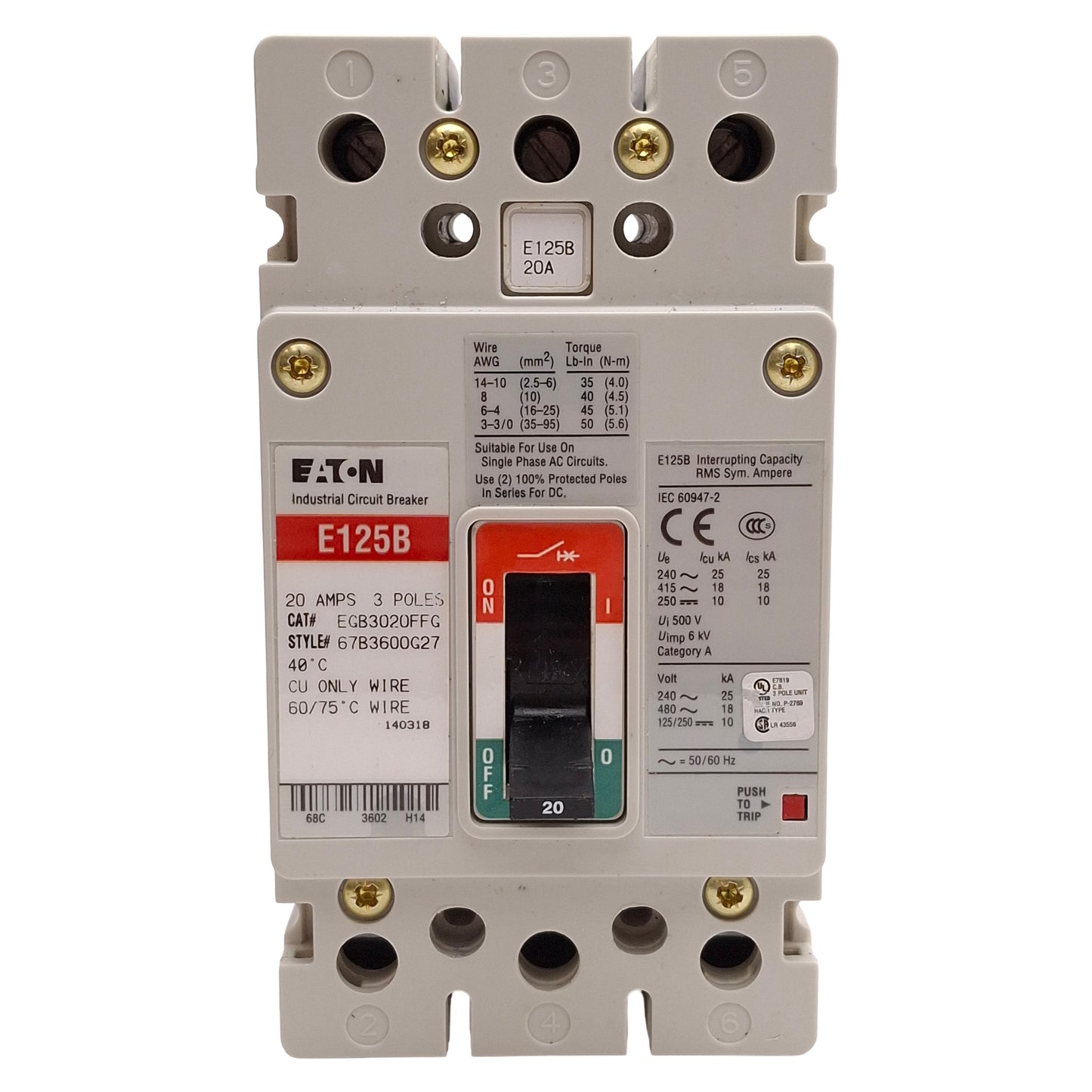 Used Eaton EGB3020FFG E125B Molded Case Circuit Breaker, 3-Pole, 20A, 480VAC/250VDC