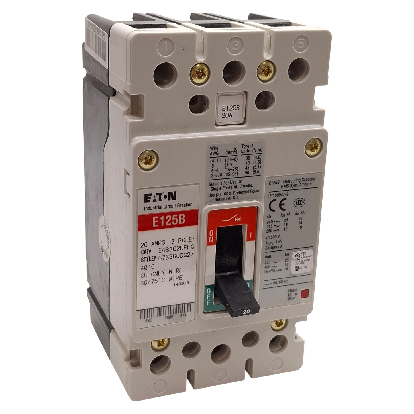 Used Eaton EGB3020FFG E125B Molded Case Circuit Breaker, 3-Pole, 20A, 480VAC/250VDC
