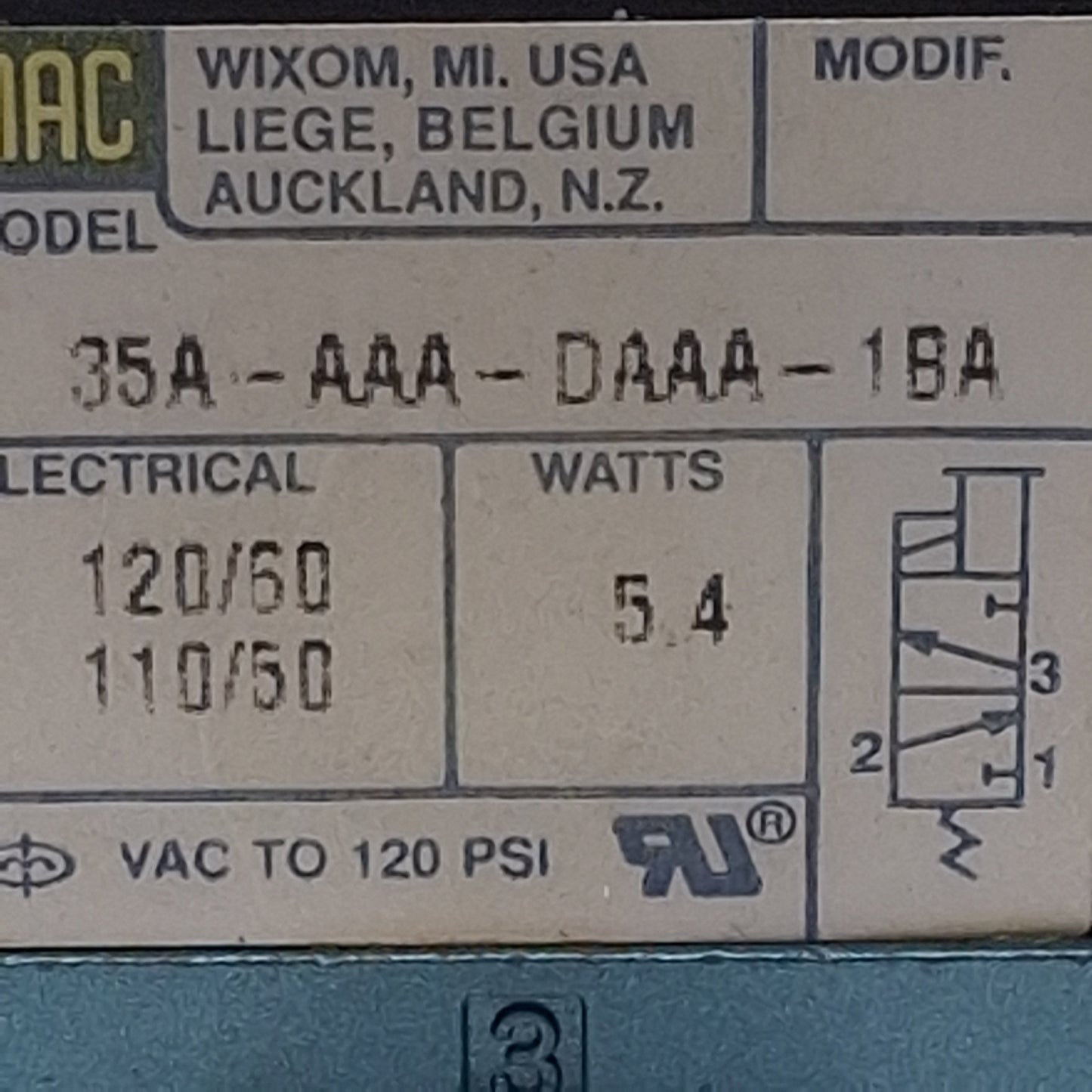 Used MAC 35A-AAA-DAAA-1BA Solenoid Valve, 3-Way, 1/8in NPT, 120psi, 110/120VAC Coil