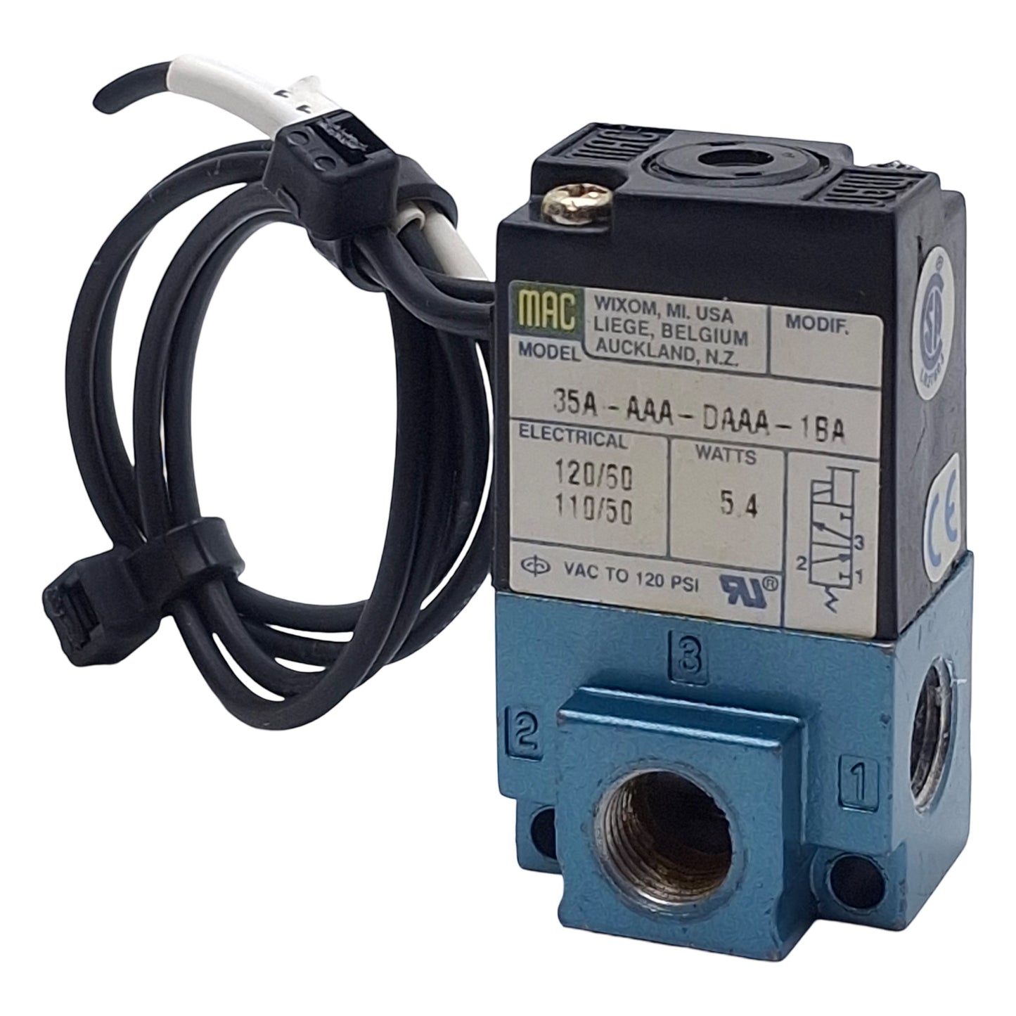 Used MAC 35A-AAA-DAAA-1BA Solenoid Valve, 3-Way, 1/8in NPT, 120psi, 110/120VAC Coil