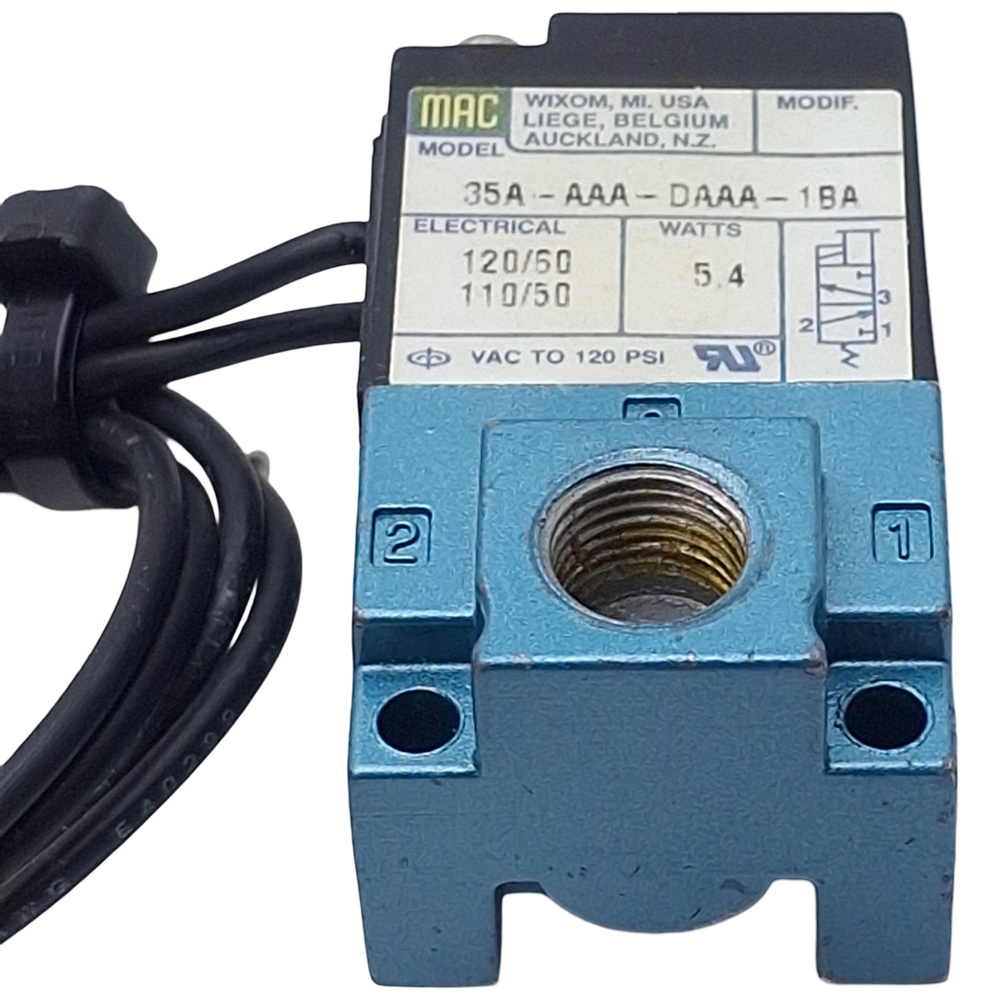 Used MAC 35A-AAA-DAAA-1BA Solenoid Valve, 3-Way, 1/8in NPT, 120psi, 110/120VAC Coil