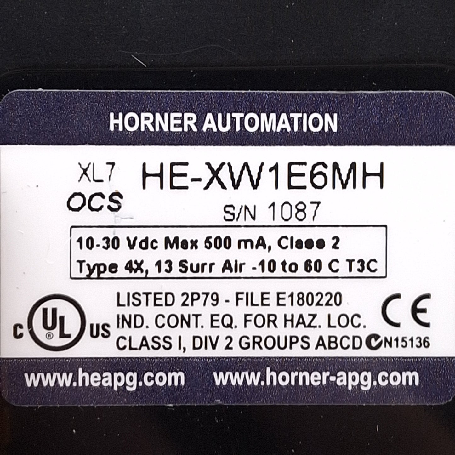 Used Horner HE-XW1E6MH XL7 OCS Touchscreen HMI, 7in TFT 800x480 Display, 10-30VDC