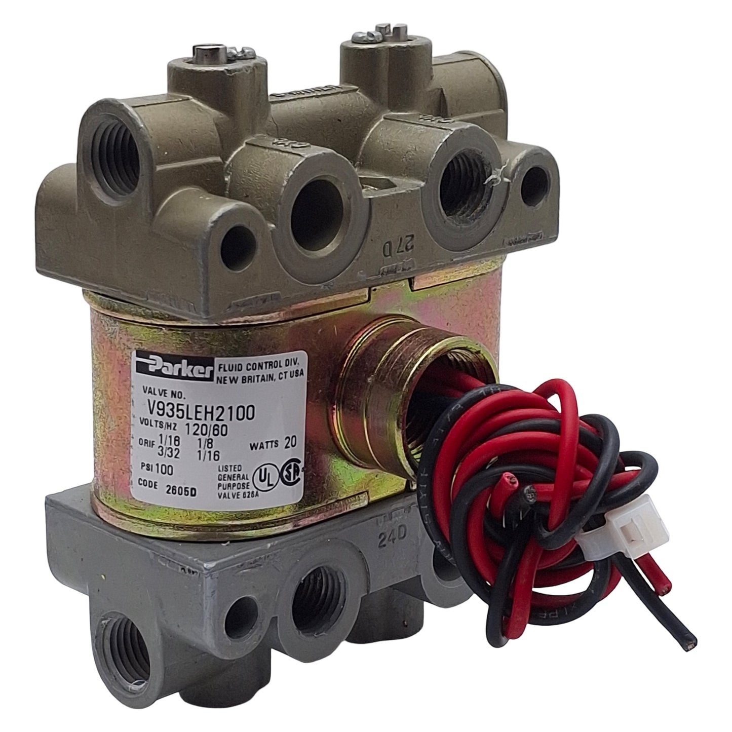 Used Parker V935LEH2100 Skinner Solenoid Valve, 4-Way, 1/4in NPT, 100psi, 120VAC Coil