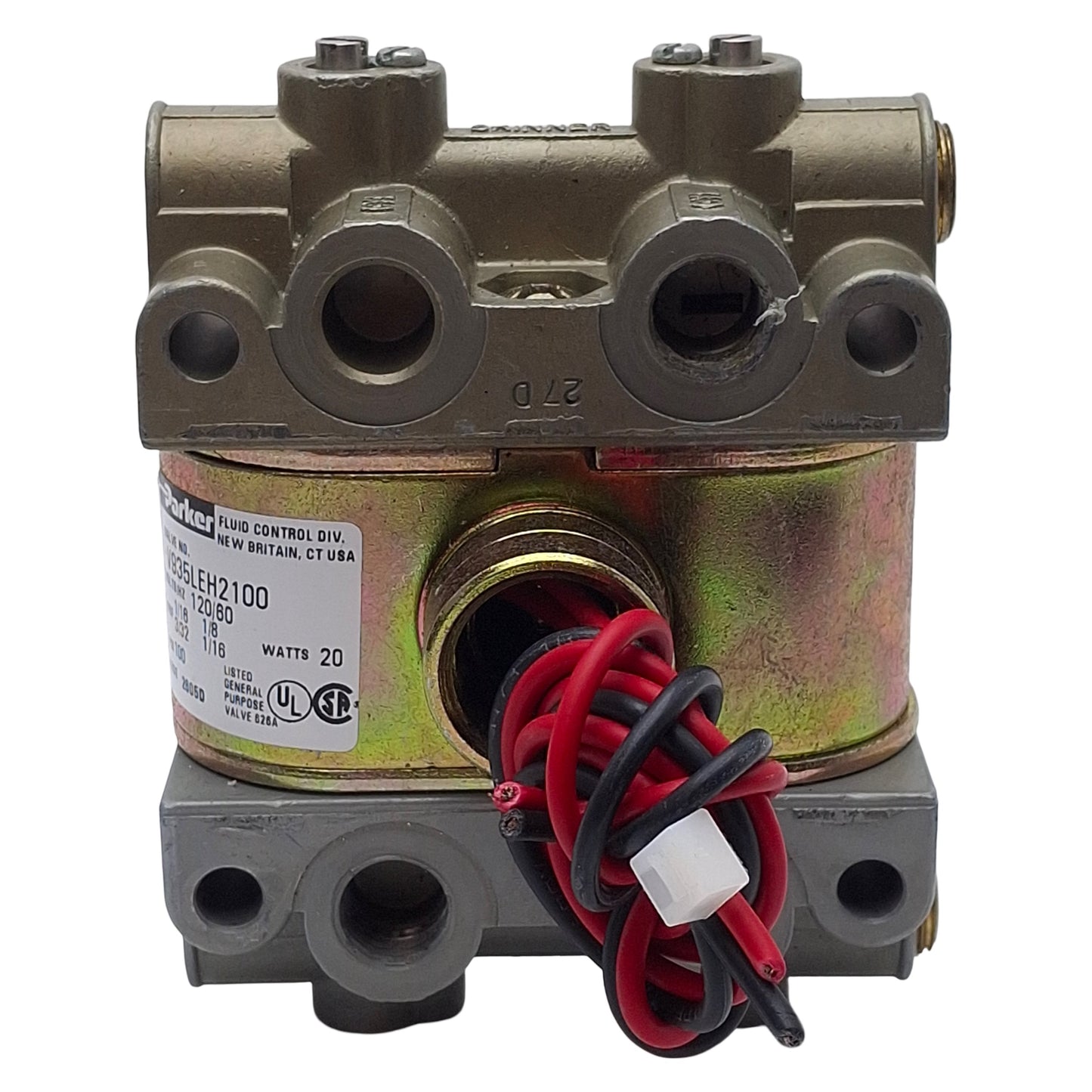 Used Parker V935LEH2100 Skinner Solenoid Valve, 4-Way, 1/4in NPT, 100psi, 120VAC Coil