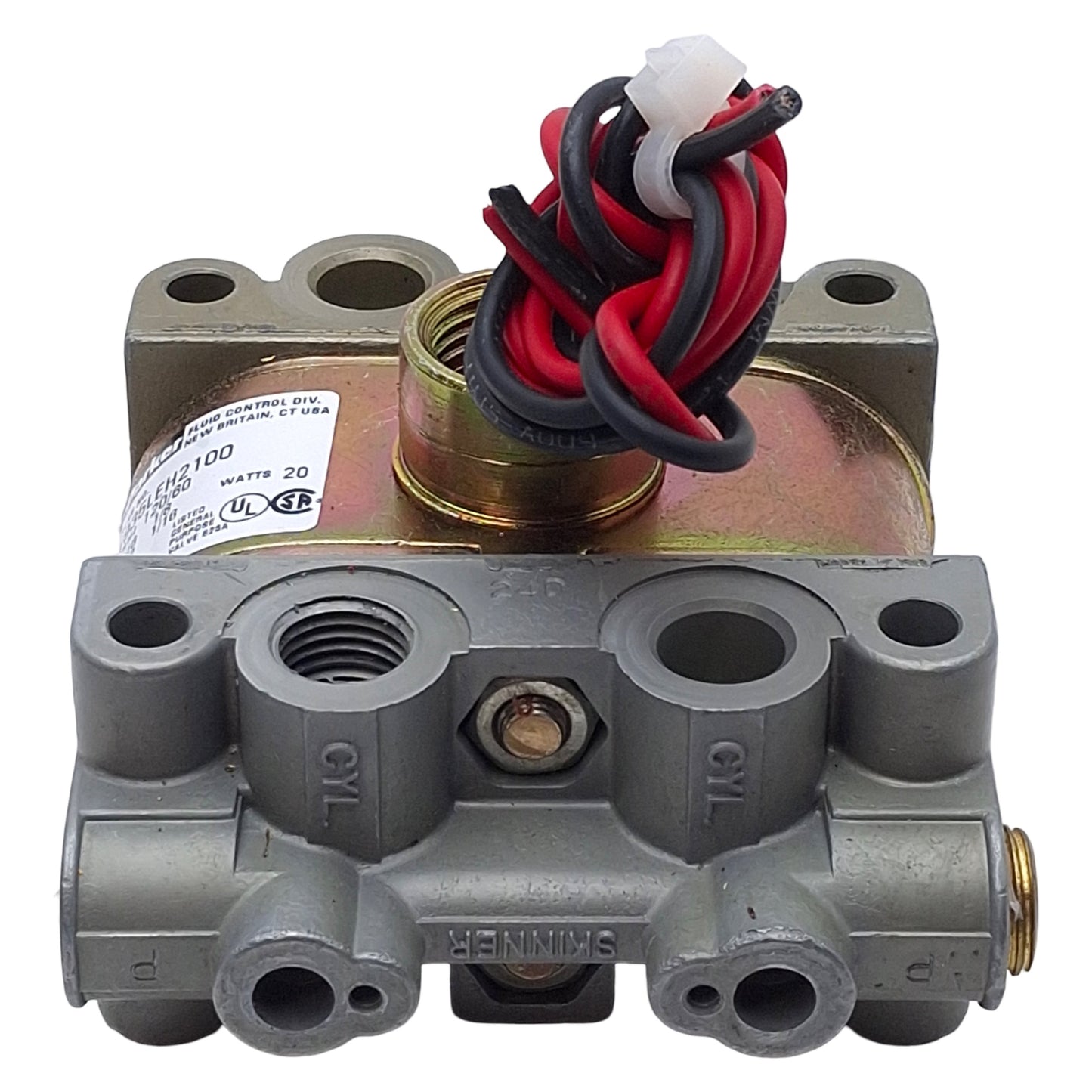 Used Parker V935LEH2100 Skinner Solenoid Valve, 4-Way, 1/4in NPT, 100psi, 120VAC Coil