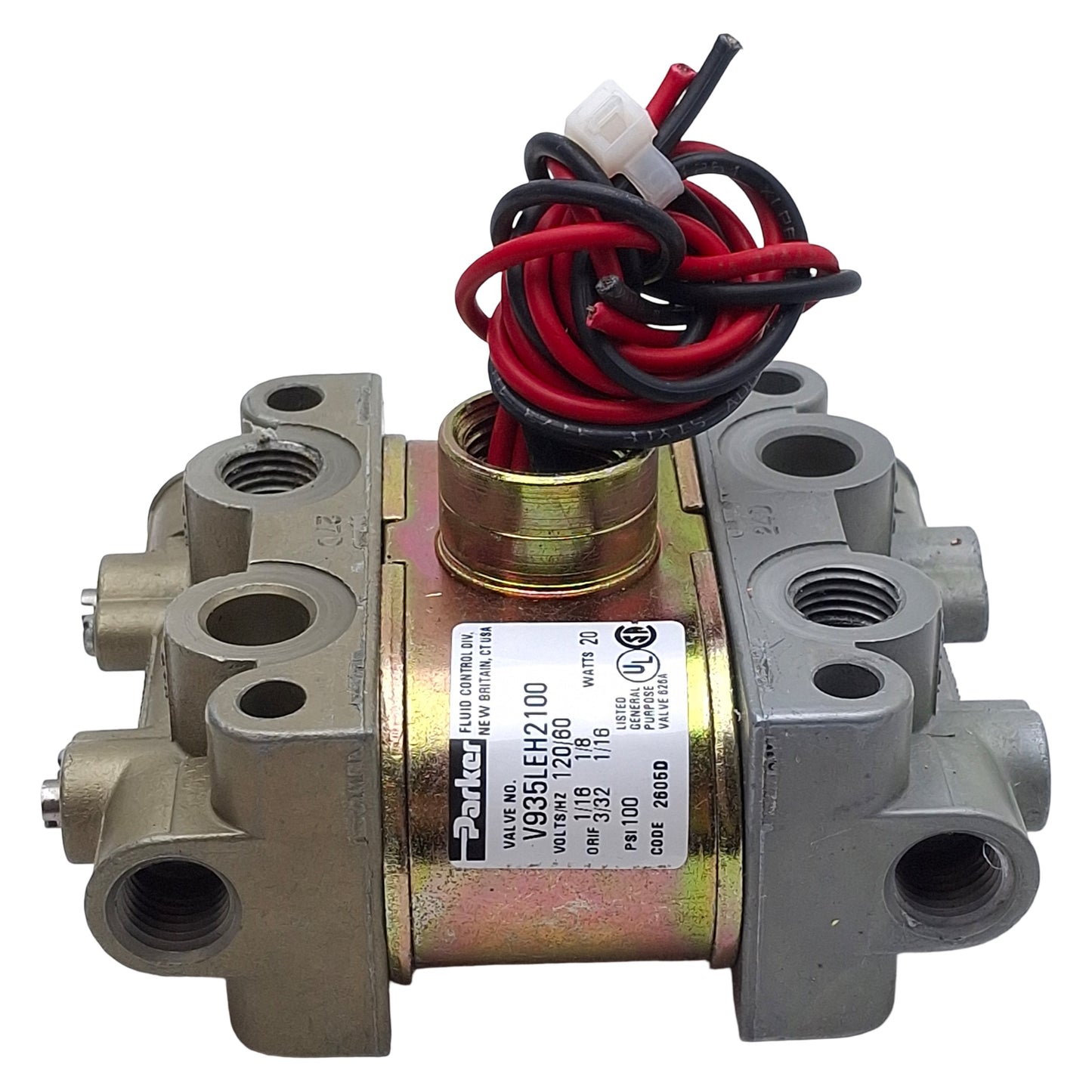 Used Parker V935LEH2100 Skinner Solenoid Valve, 4-Way, 1/4in NPT, 100psi, 120VAC Coil