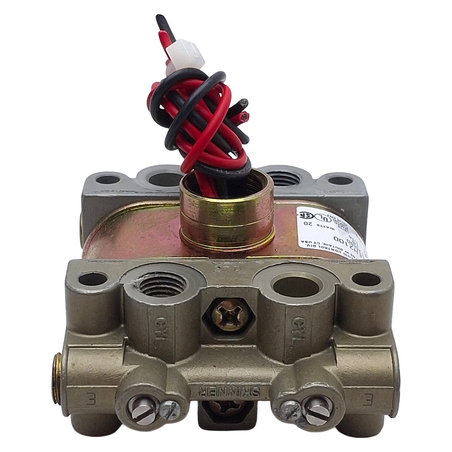 Used Parker V935LEH2100 Skinner Solenoid Valve, 4-Way, 1/4in NPT, 100psi, 120VAC Coil