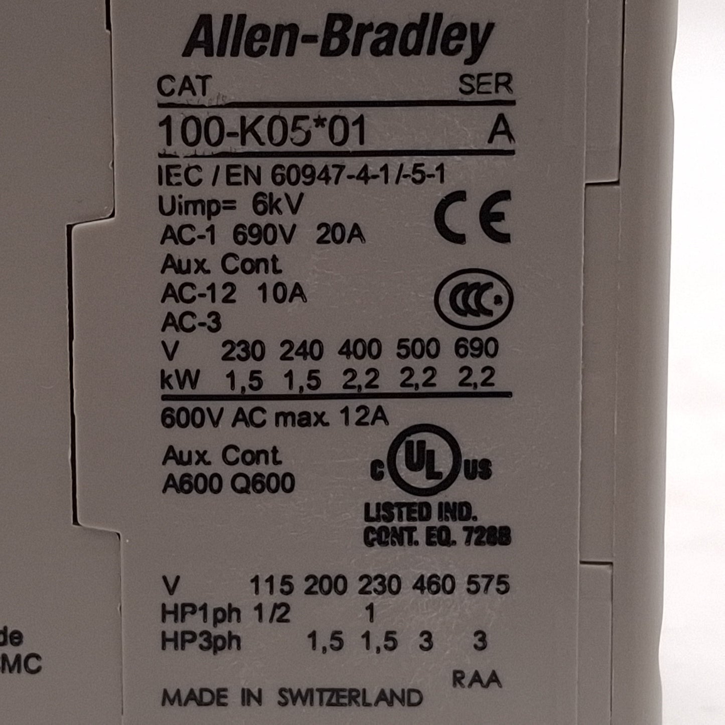 Used Allen Bradley 100-K05ZJ01 Contactor, 3NO+1NC, 5A, 3HP @ 3Ø 575VAC, 24VDC Coil