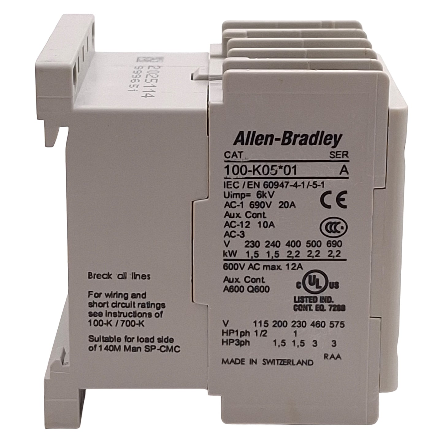 Used Allen Bradley 100-K05ZJ01 Contactor, 3NO+1NC, 5A, 3HP @ 3Ø 575VAC, 24VDC Coil