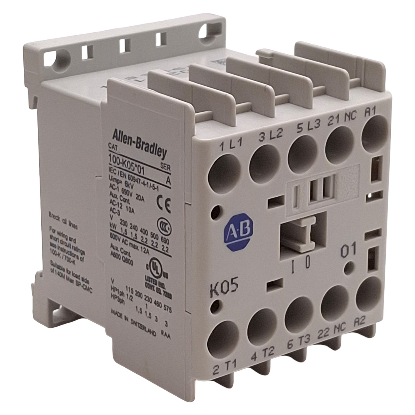 Used Allen Bradley 100-K05ZJ01 Contactor, 3NO+1NC, 5A, 3HP @ 3Ø 575VAC, 24VDC Coil