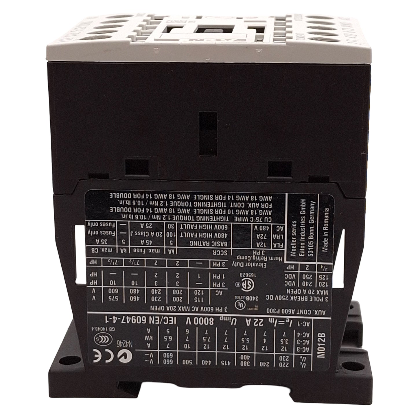 Used Eaton XTCE012B10TD IEC Contactor, 3NO+1NO, 12A, 10HP @ 3Ø 600VAC, 24VDC Coil