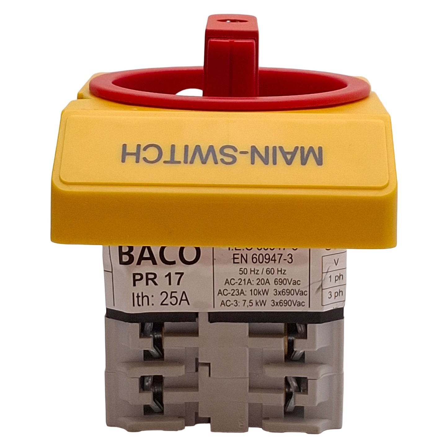 Used Baco SS3EV493A PR17 Rotary Disconnect Switch, 3-Pole, 16A, 10HP @ 3Ø 600VAC