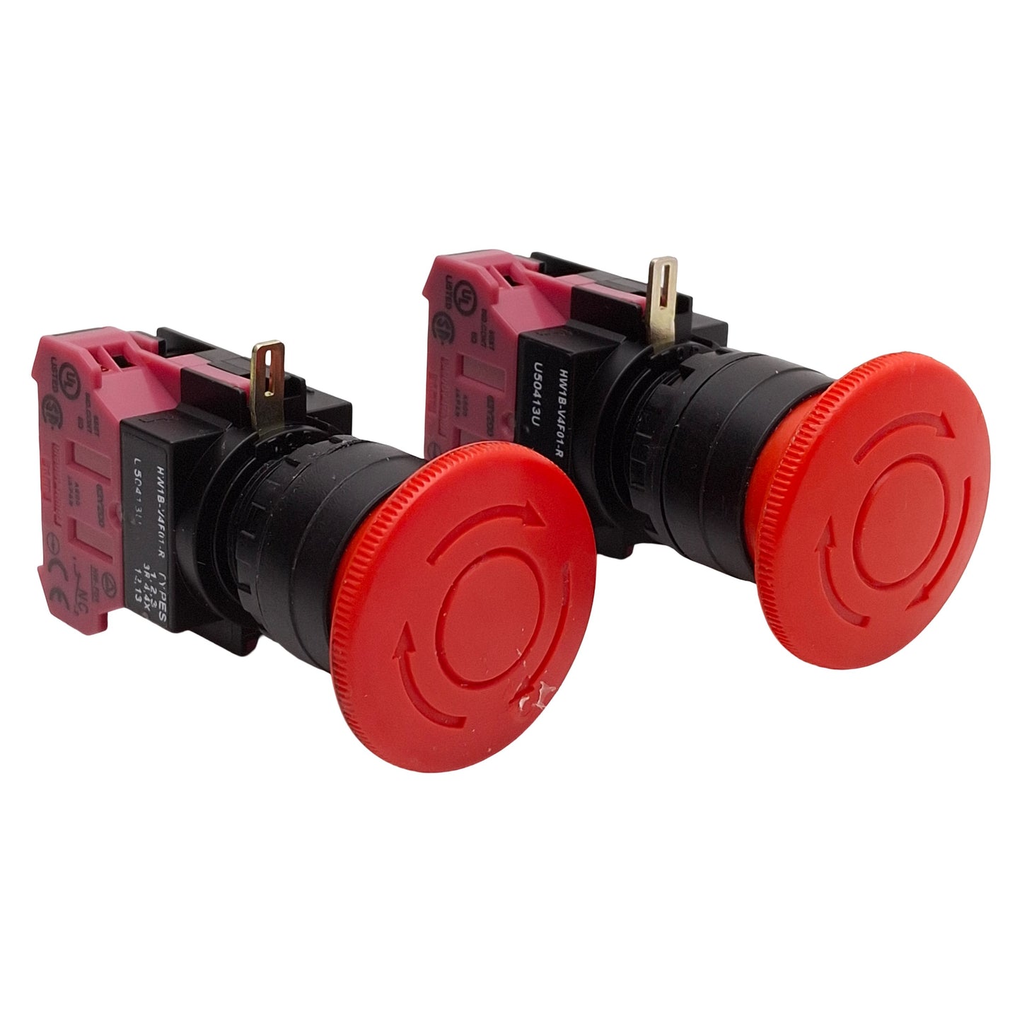 Used Lot of 2 Idec HW1B-V4F01-R E-Stop Pushbutton, Twist Reset, 1NC, 22mm, 10A 600V