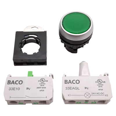Used Baco L21CH20-3EAGL10 Green Illuminated Maintained Pushbutton, 1NO, 24VAC/DC LED