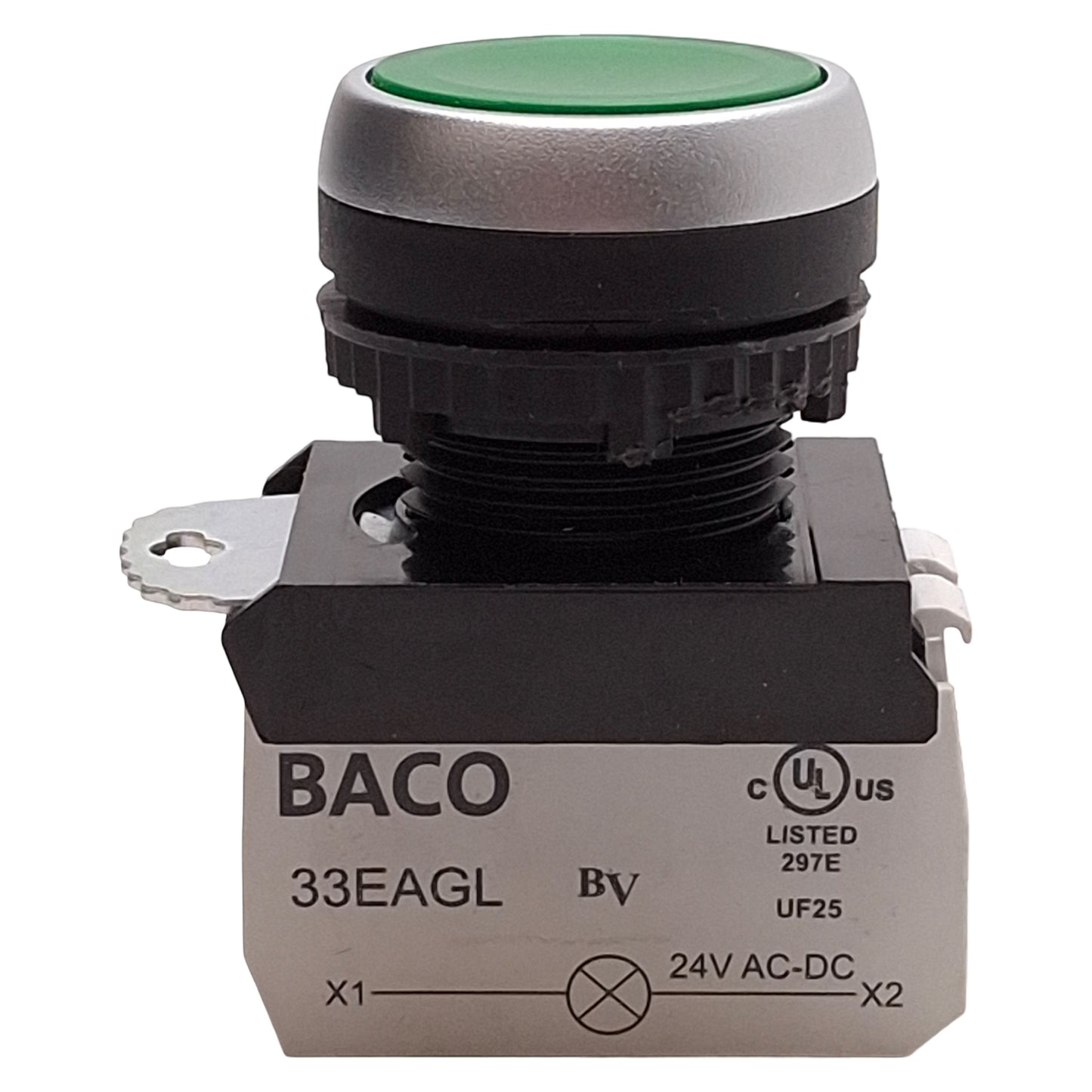 Used Baco L21CH20-3EAGL10 Green Illuminated Maintained Pushbutton, 1NO, 24VAC/DC LED