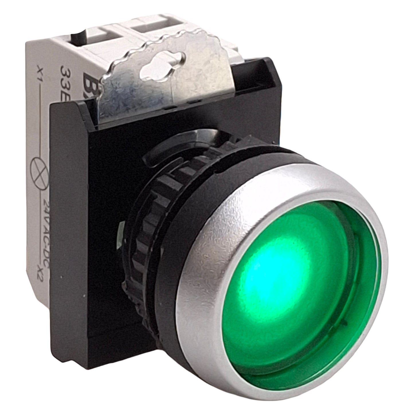 Used Baco L21CH20-3EAGL10 Green Illuminated Maintained Pushbutton, 1NO, 24VAC/DC LED