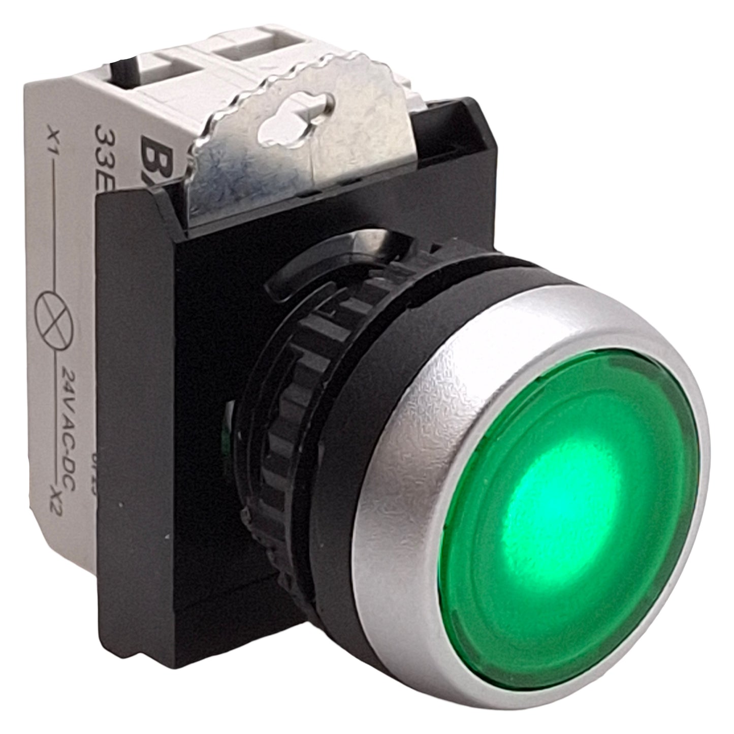 Used Baco L21CH20-3EAGL10 Green Illuminated Maintained Pushbutton, 1NO, 24VAC/DC LED