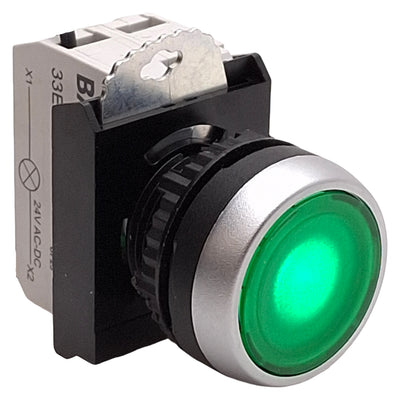 Used Baco L21CH20-3EAGL10 Green Illuminated Maintained Pushbutton, 1NO, 24VAC/DC LED