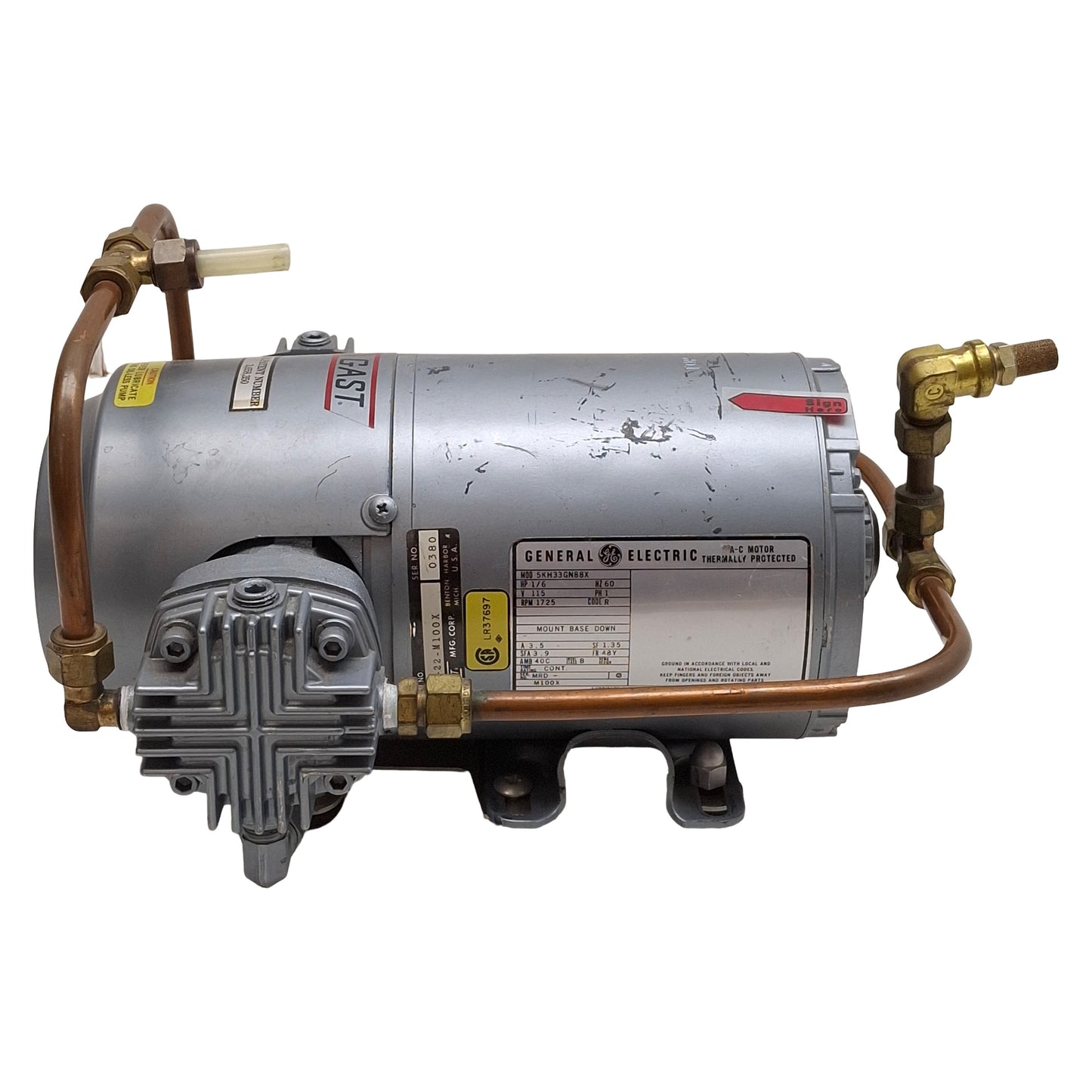 Used Gast 1VBF-22-M100X Oil-Less Piston Vacuum Pump, 1/6HP, 1725rpm, 115VAC