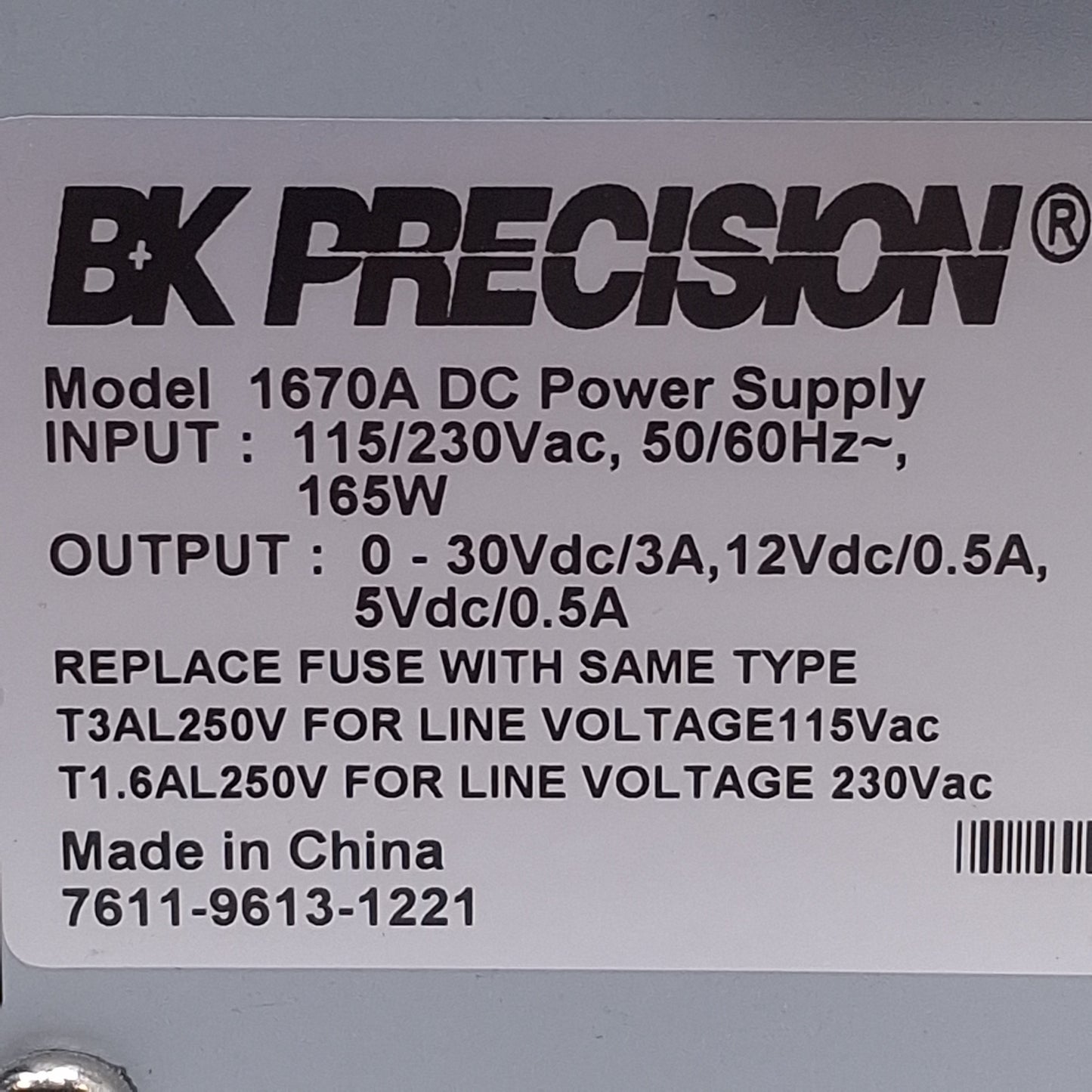 Used BK Precision 1670A DC Regulated Power Supply, 165W, 3 Outputs, 3-Digit LCD