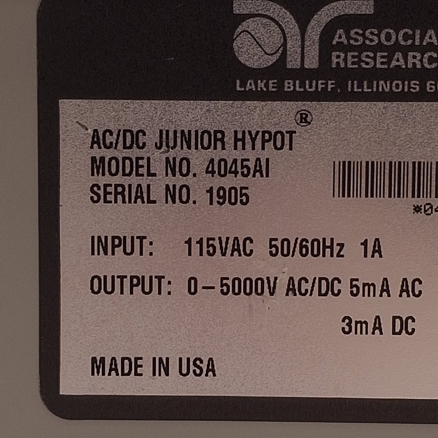Used Associated Research 4045AI AC/DC Hipot Tester 115VAC 1A In, 0-5KV AC/DC Out