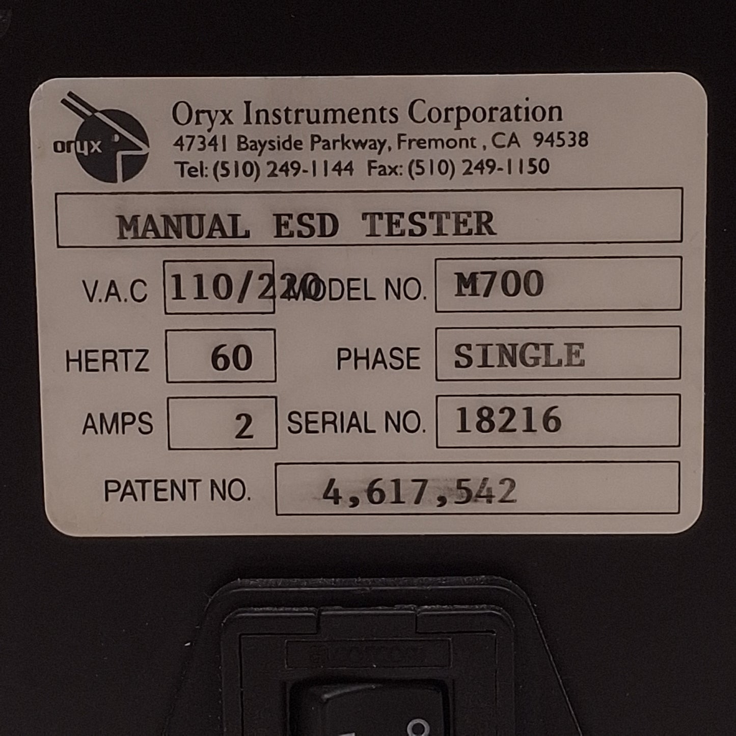 Used Oryx Instruments M700 Manual ESD Tester System w/PC Card Test Fixture 110/220VAC