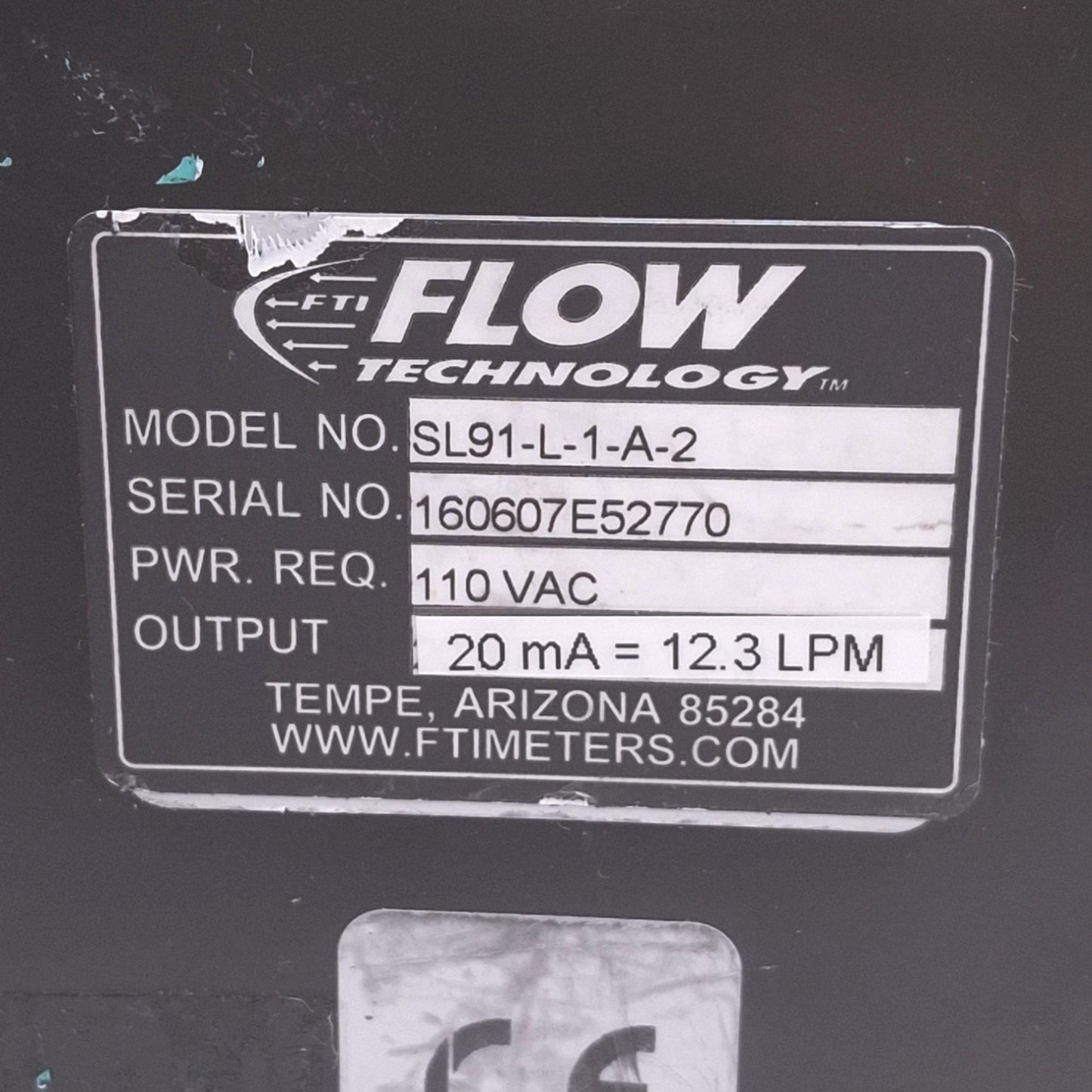 Used Flow Technology SL91-L-1-A-2 Flow Computer, 20mA 12.3Lpm, 110VAC, RS232