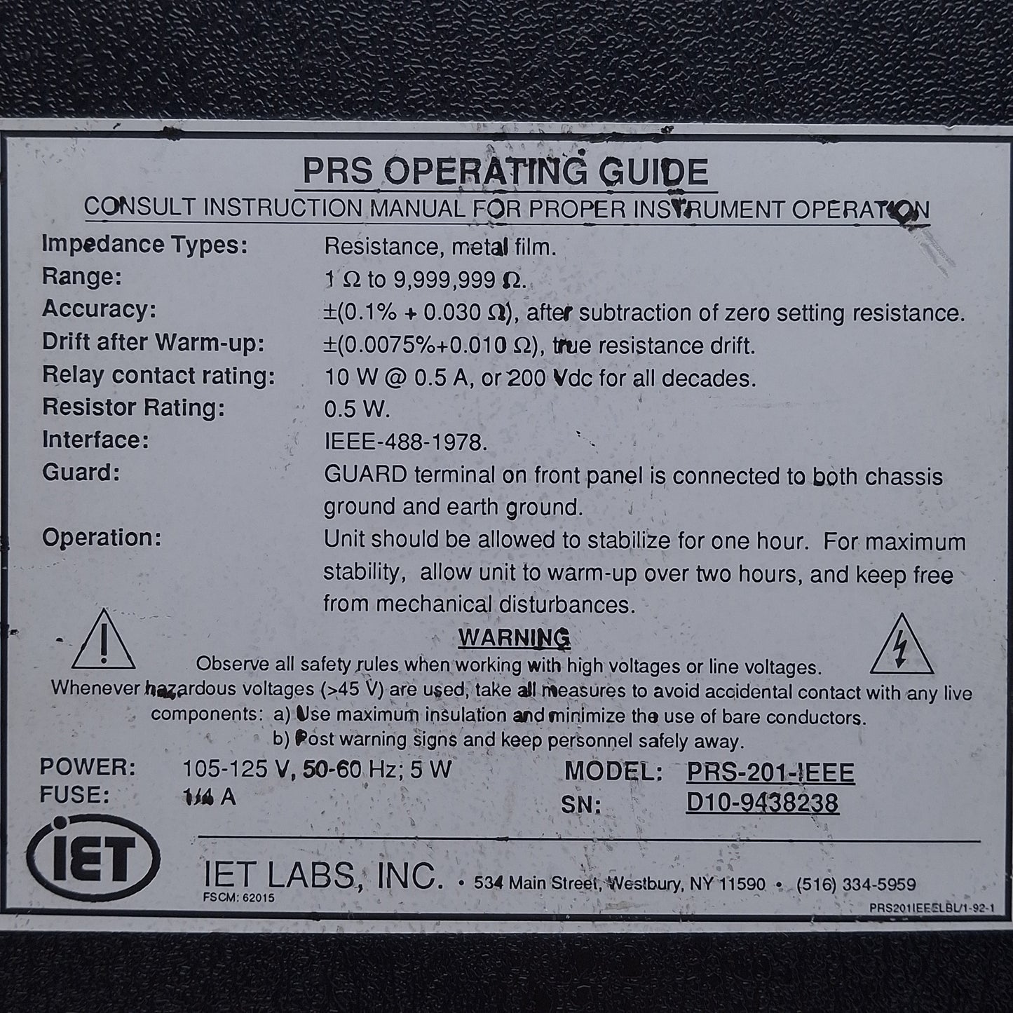 Used IET PRS-201-IEEE Programmable Resistance Substituter, 0 to 9,999,999Ω, IEEE-488