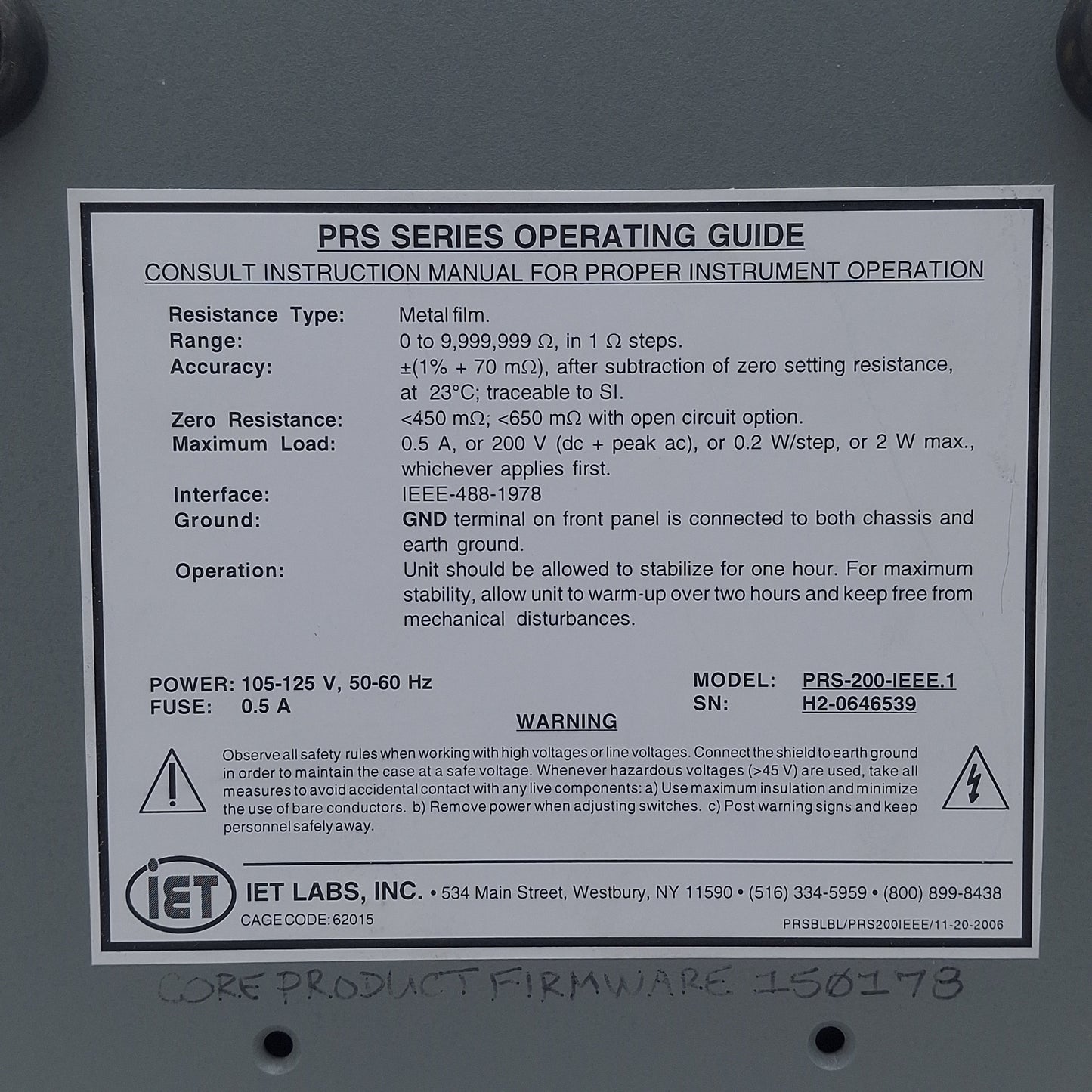 Used IET PRS-200-IEEE.1 Programmable Resistance Substituter, 0-9,999,999Ω, 105-125VAC