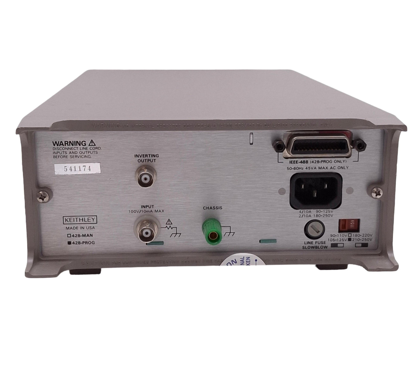 Used Keithley 428-PROG Current Amplifier, 10³ to 10¹¹V/A Max, 0-175kHz, 120VAC In