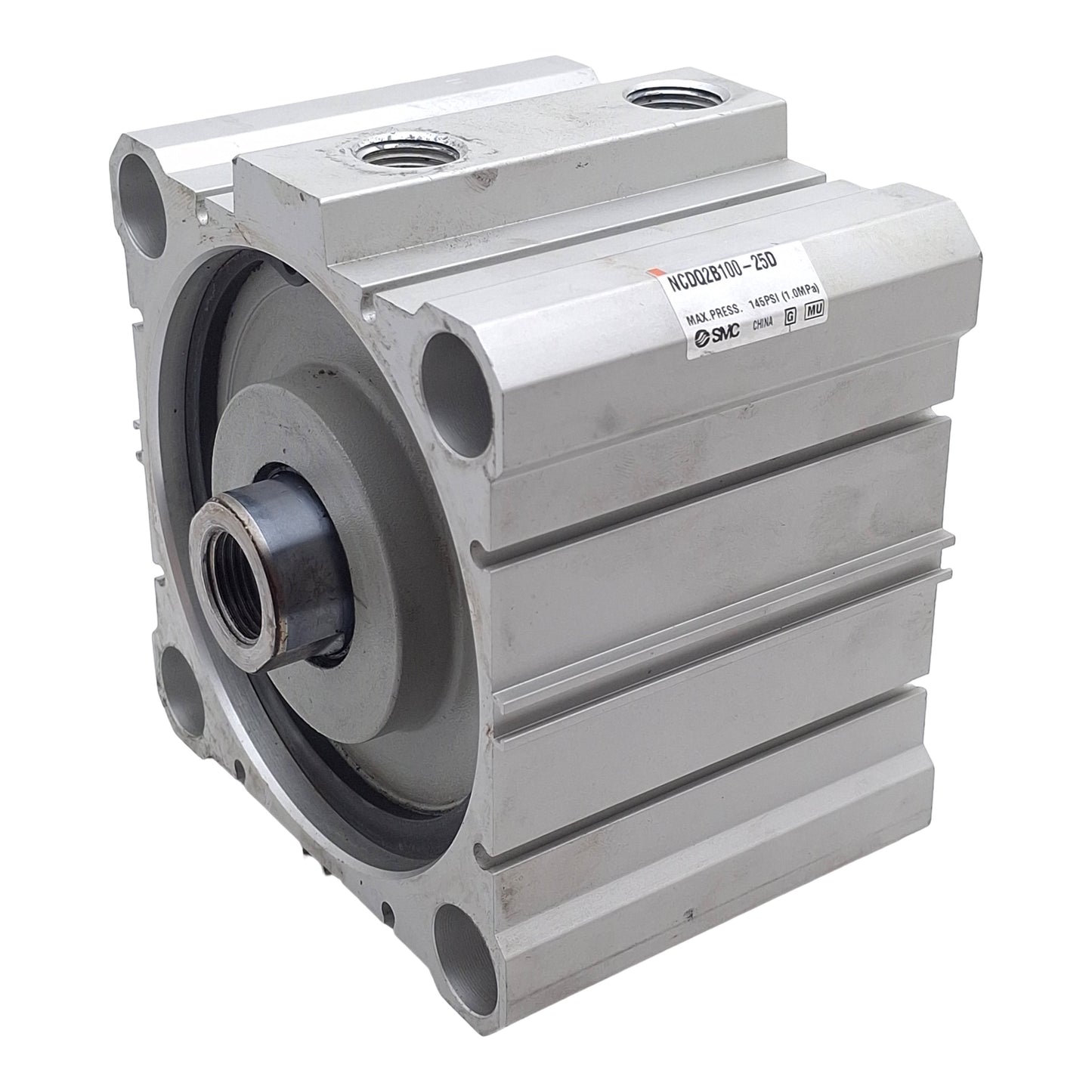 Used SMC NCDQ2B100-25D Compact Cylinder, ø100mm Bore, 25mm Stroke, 3/8in NPT, 145psi