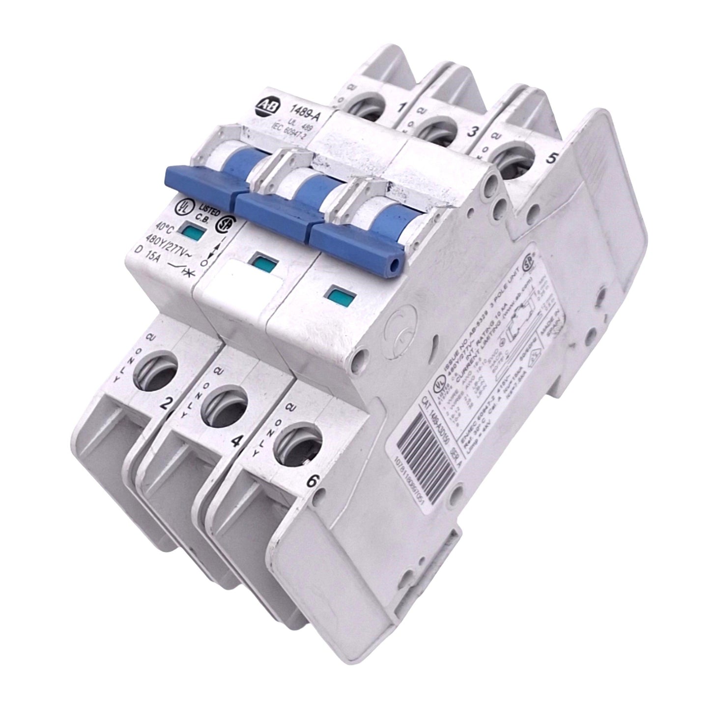 Used Allen Bradley 1489-A3D150 Circuit Breaker, 3-Pole 15A, 480Y/277VAC Max