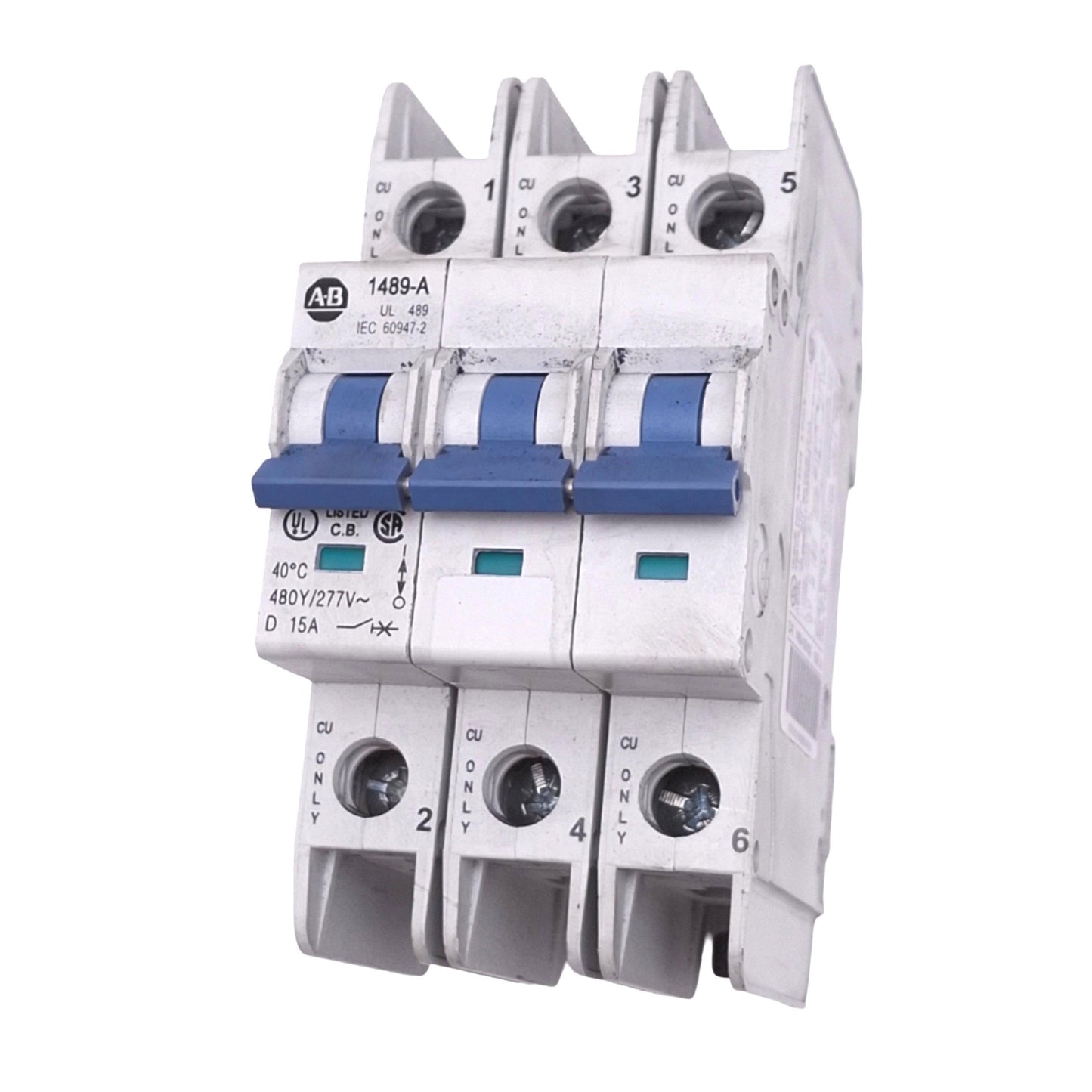 Used Allen Bradley 1489-A3D150 Circuit Breaker, 3-Pole 15A, 480Y/277VAC Max