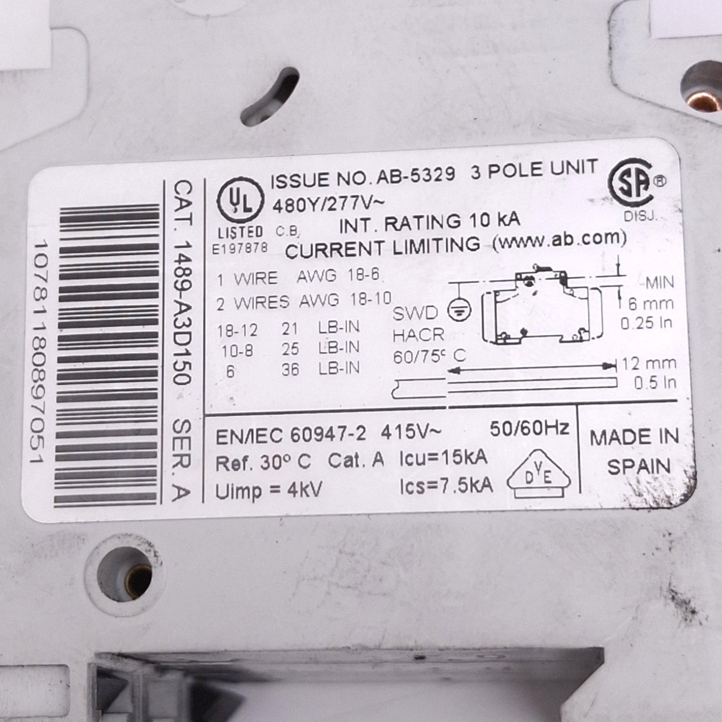 Used Allen Bradley 1489-A3D150 Circuit Breaker, 3-Pole 15A, 480Y/277VAC Max