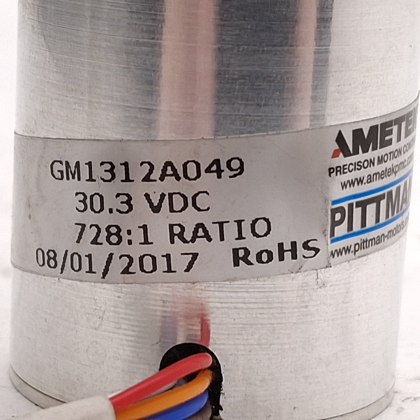 Used AMETEK Pittman GM1312A049 Gearmotor, 728:1, ø1/4in Shaft, 30.3VDC, 8-Wire