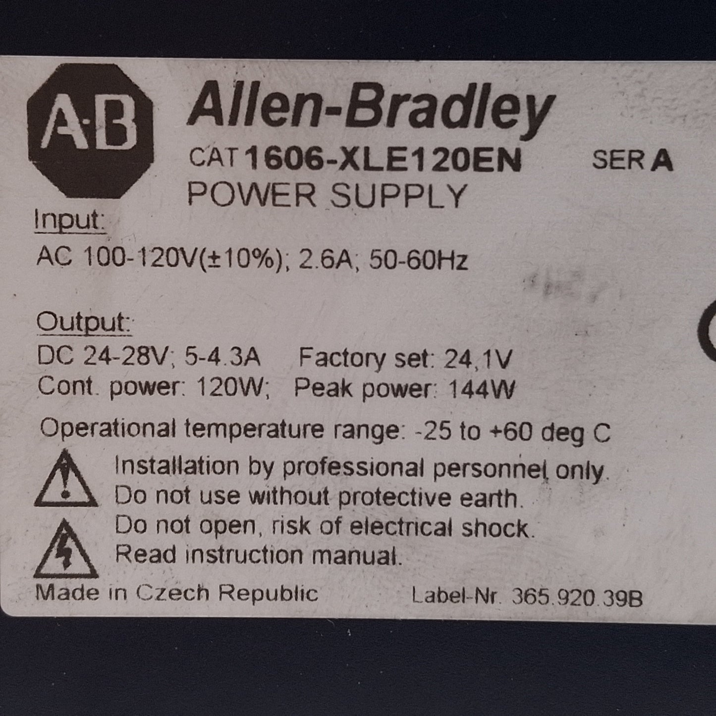 Used Allen Bradley 1606-XLE120EN PLC Power Supply, 120W, 24-28VDC OUT, 100-120VAC IN
