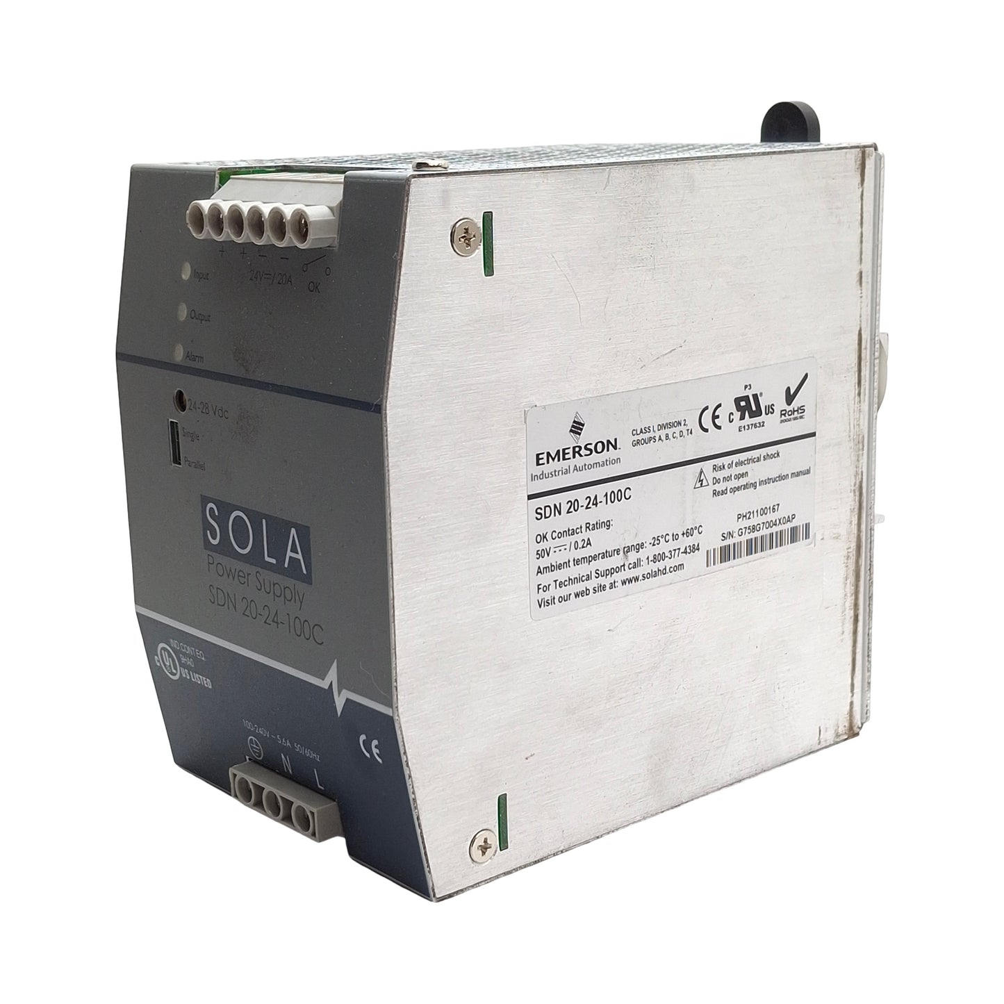 Used Emerson SDN 20-24-100C Sola Power Supply 100-240VAC or 100-250VDC IN, 24VDC OUT