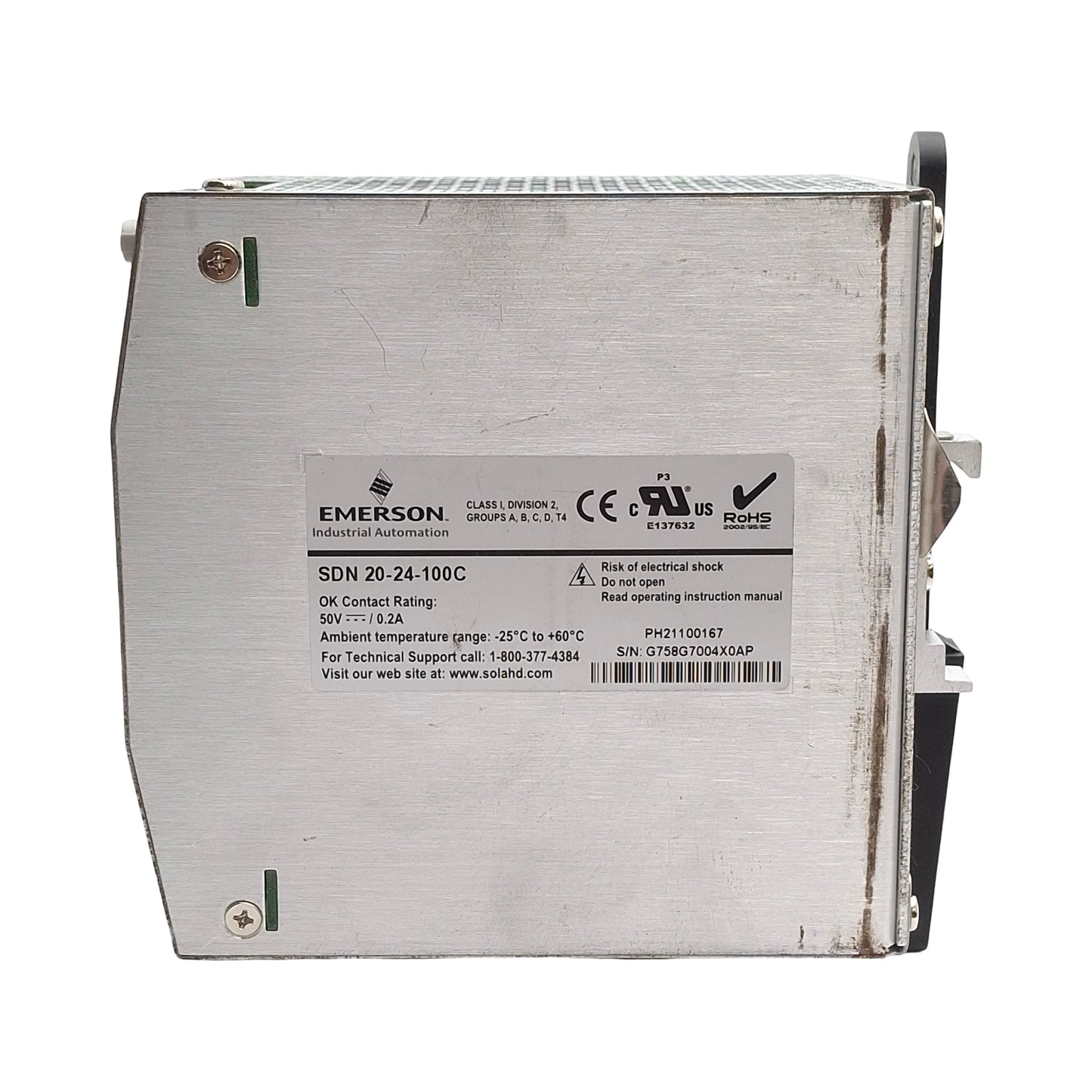 Used Emerson SDN 20-24-100C Sola Power Supply 100-240VAC or 100-250VDC IN, 24VDC OUT