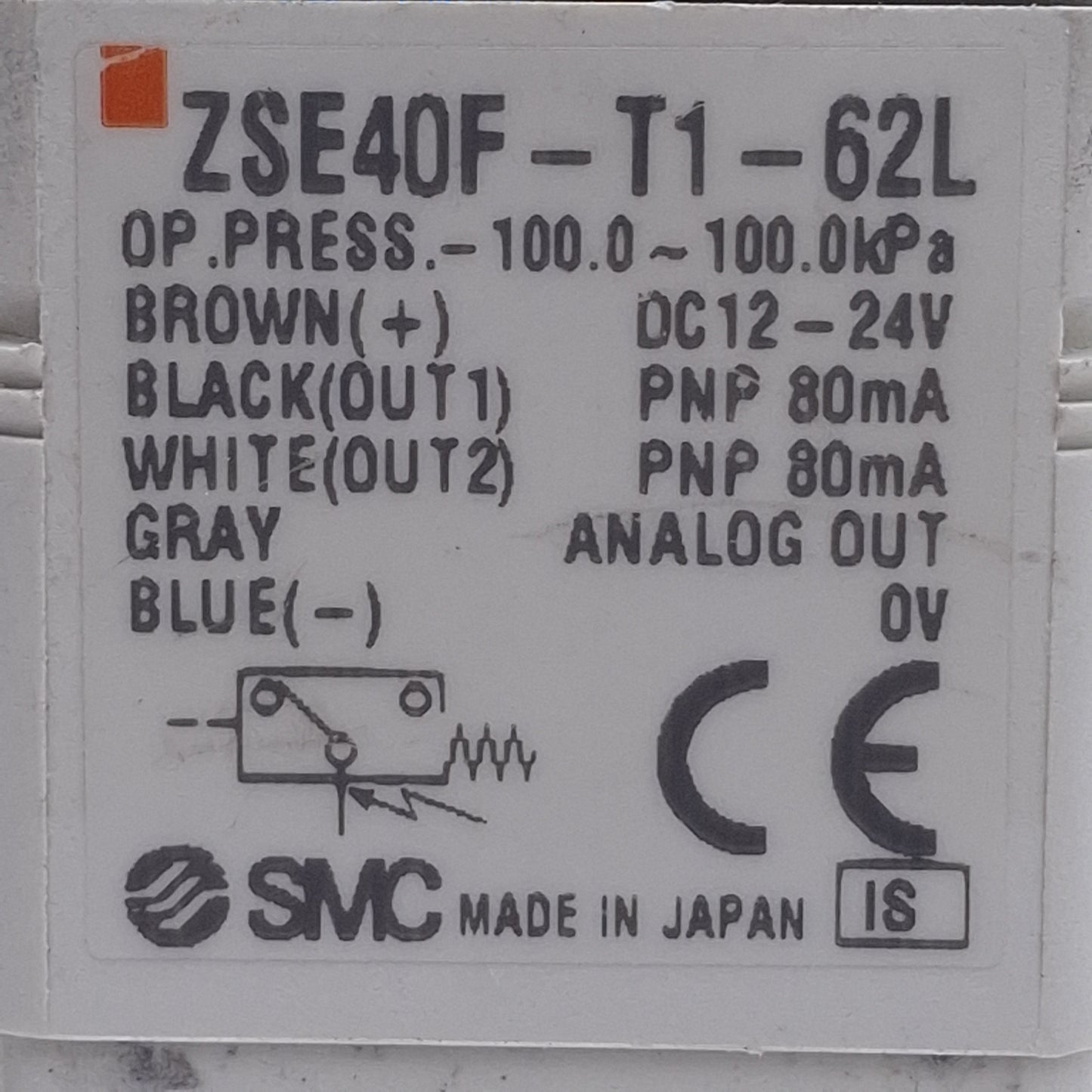 Used SMC ZSE40F-T1-62L Digital Pressure Switch PNP Output, 12-24VDC, -100 to 100kPa