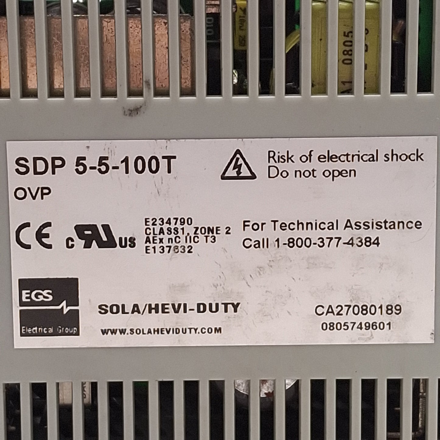 Used Sola SDP 5-5-100T Hevi-Duty PLC Power Supply, 5-6VDC 5A Output, 115/230VAC Input