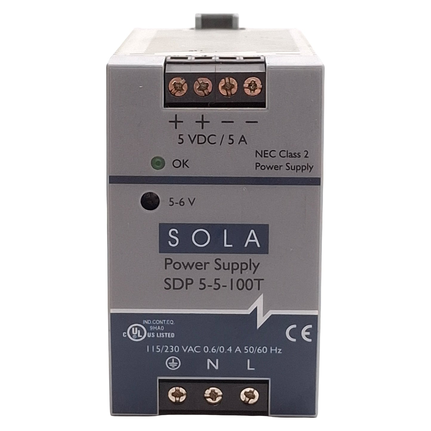 Used Sola SDP 5-5-100T Hevi-Duty PLC Power Supply, 5-6VDC 5A Output, 115/230VAC Input