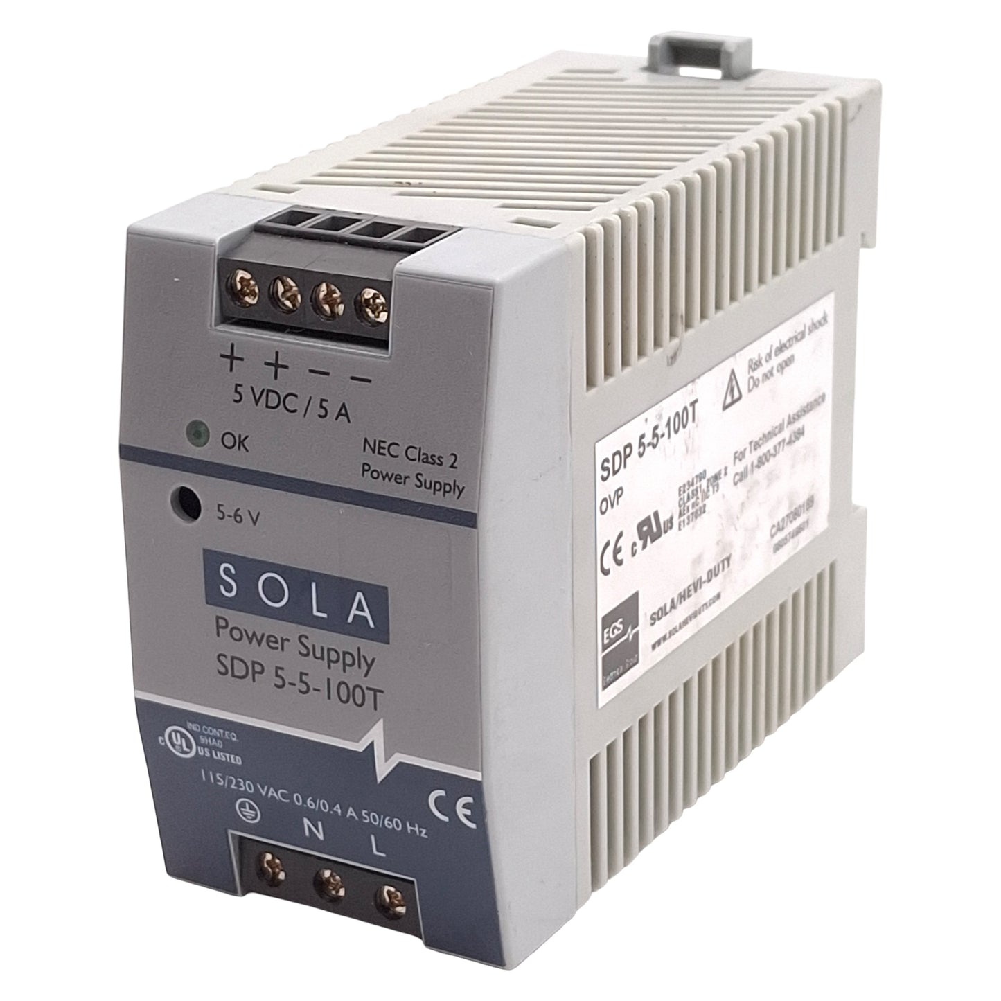 Used Sola SDP 5-5-100T Hevi-Duty PLC Power Supply, 5-6VDC 5A Output, 115/230VAC Input