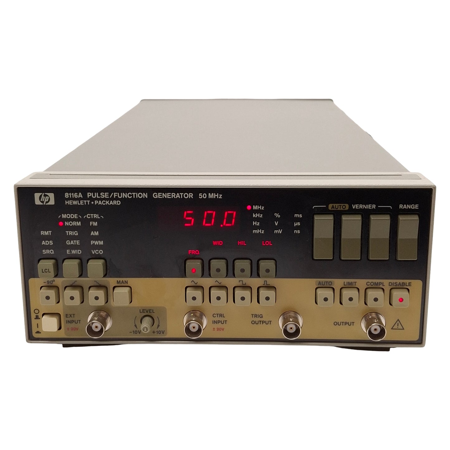 Used HP 8116A Pulse / Function Generator, 1mHz-50MHz, 10mVpp-16Vpp, 10ns-999ms