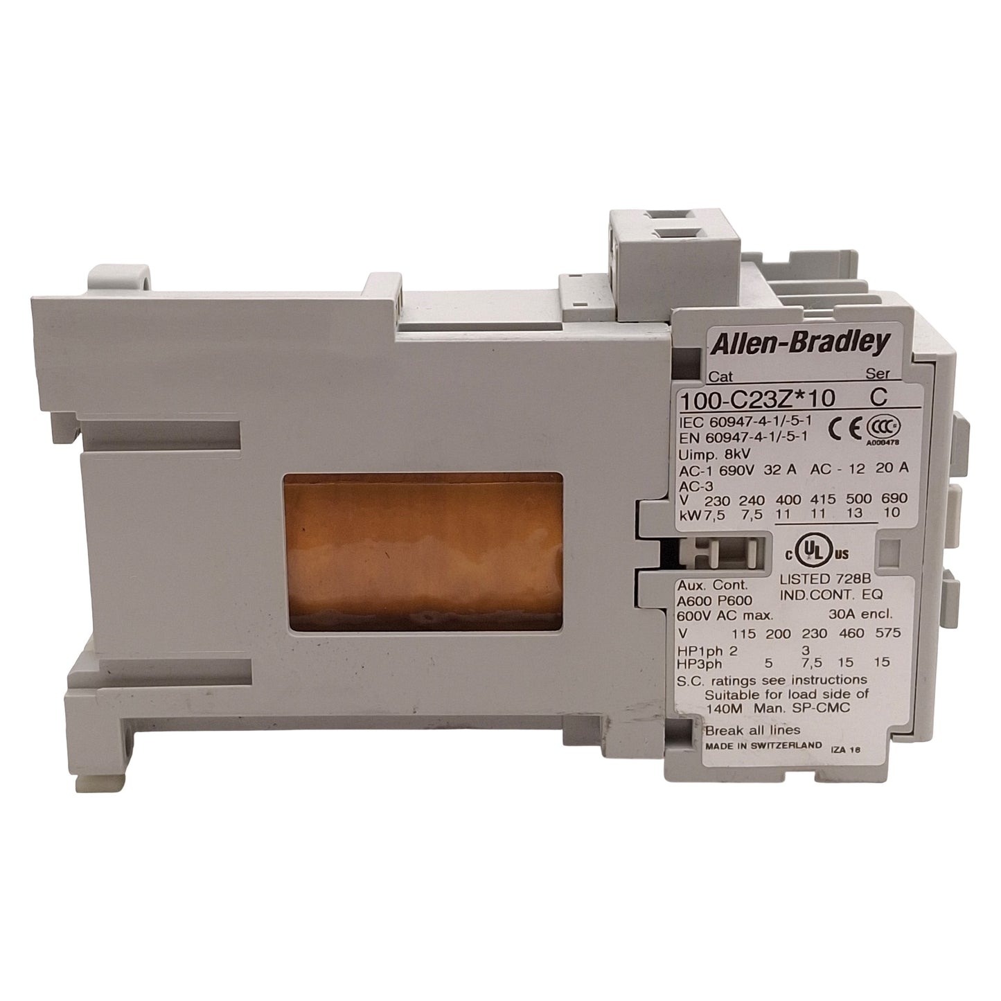 Used Allen Bradley 100-C23ZJ10 Contactor, 3NO+1NO, 23A, 15HP @ 3Ø 575VAC, 24VDC Coil