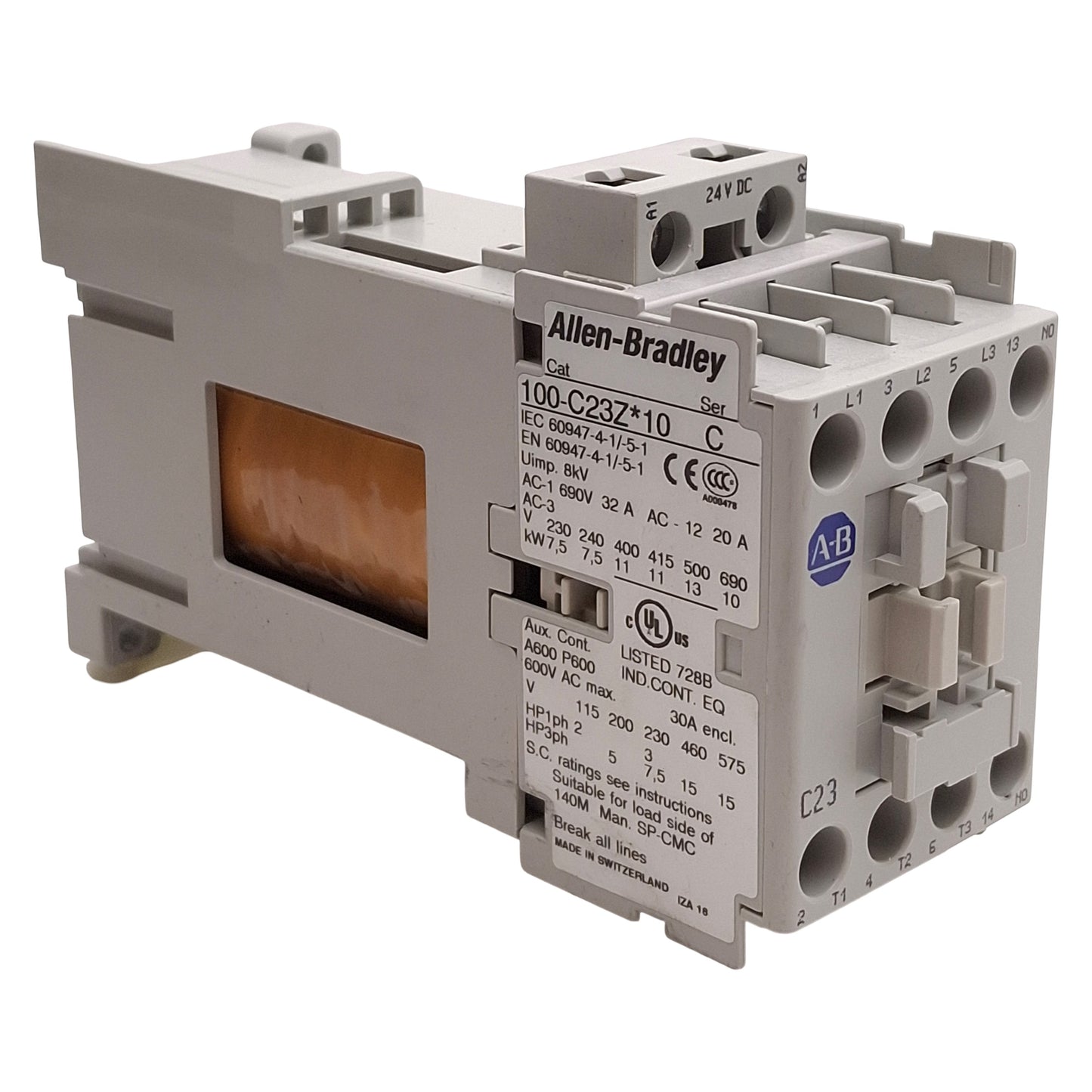 Used Allen Bradley 100-C23ZJ10 Contactor, 3NO+1NO, 23A, 15HP @ 3Ø 575VAC, 24VDC Coil