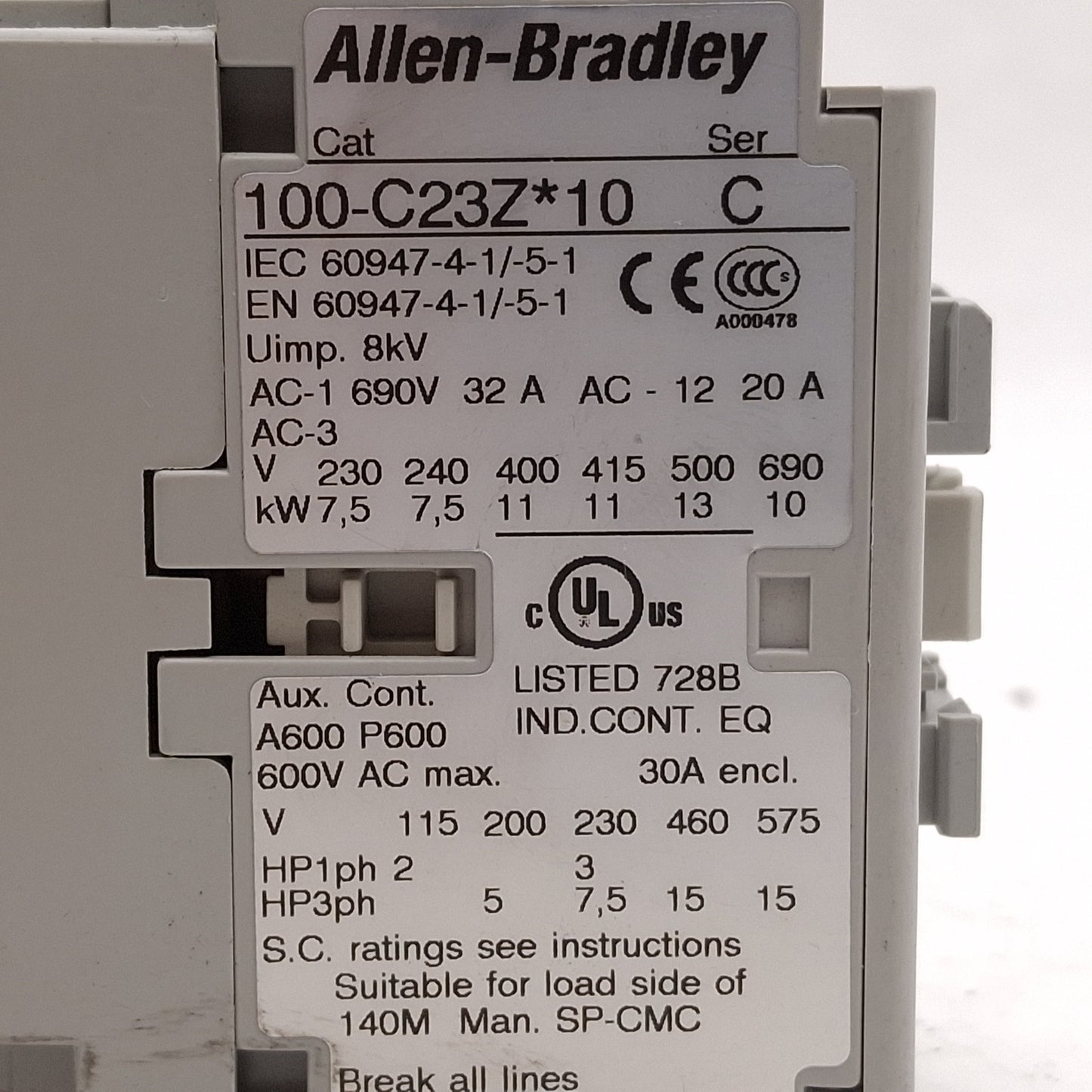 Used Allen Bradley 100-C23ZJ10 Contactor, 3NO+1NO, 23A, 15HP @ 3Ø 575VAC, 24VDC Coil