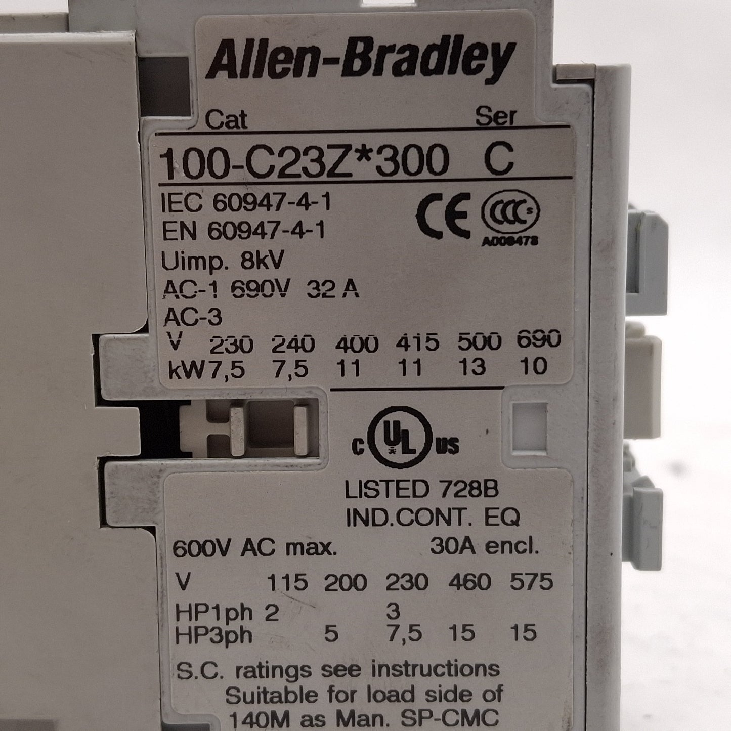 Used Allen Bradley 100-C23ZJ300 Contactor, 3NO+1NC, 23A, 15HP @ 3Ø 575VAC, 24VDC Coil