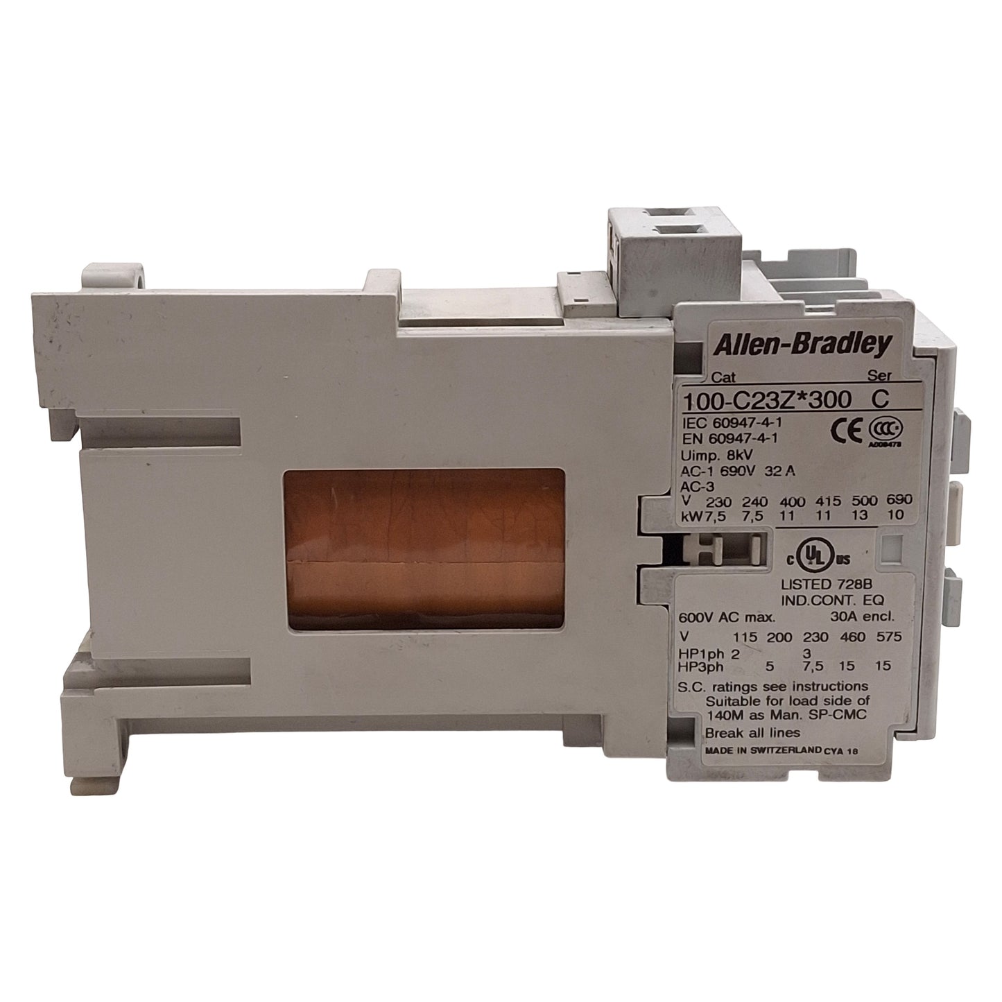 Used Allen Bradley 100-C23ZJ300 Contactor, 3NO+1NC, 23A, 15HP @ 3Ø 575VAC, 24VDC Coil